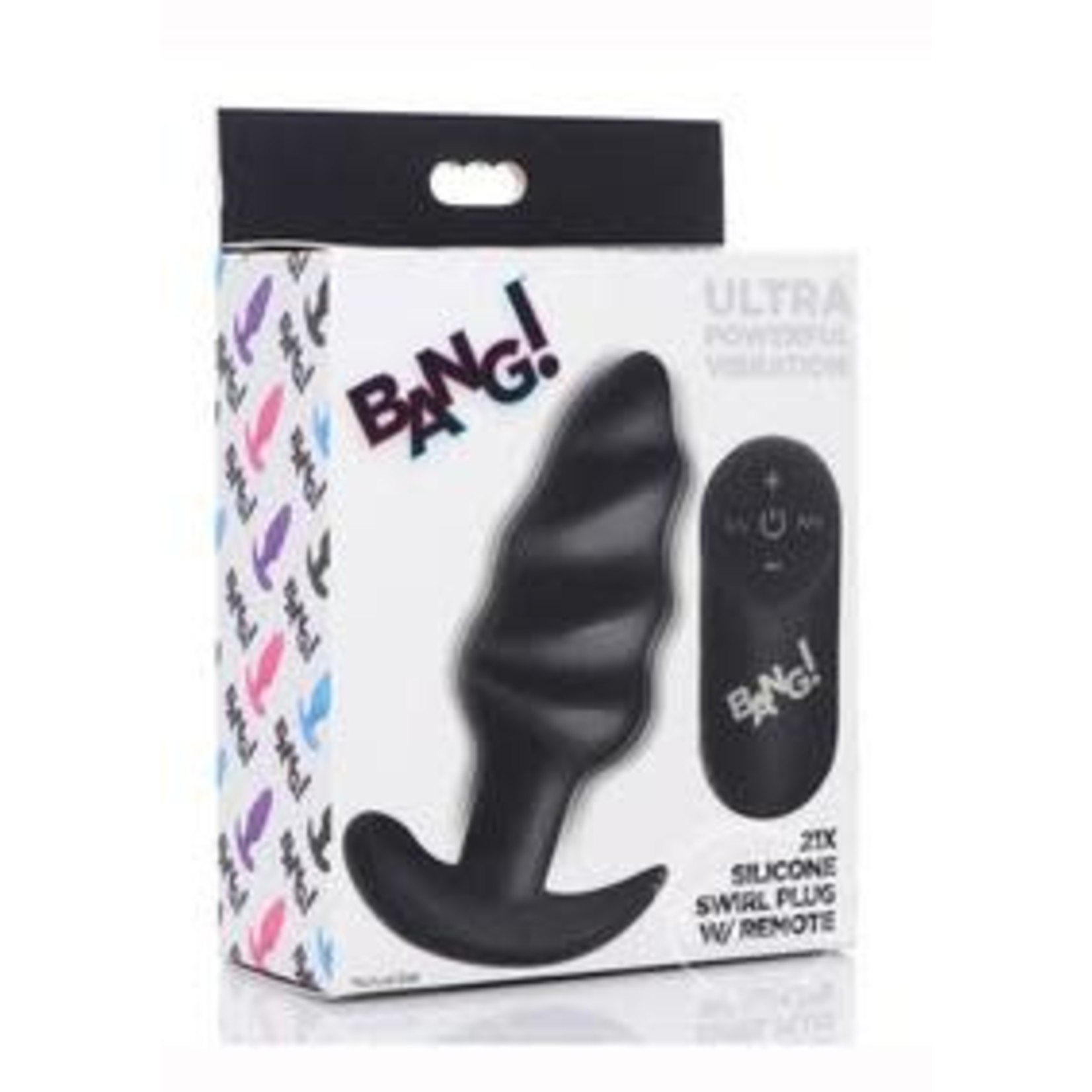 Bang! 21x Vibrating Silicone Rechargeable Swirl Butt Plug With Remote Control - Black