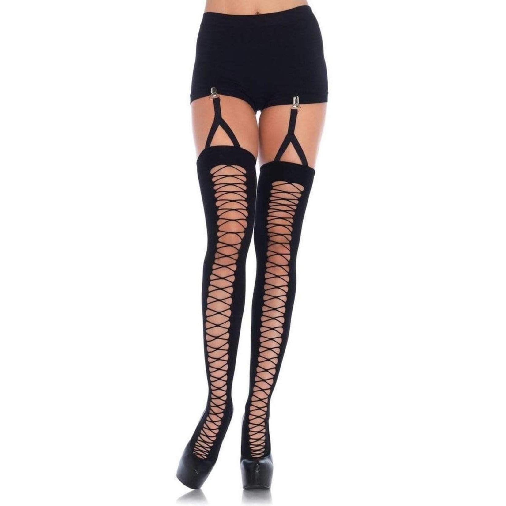 Leg Avenue Lace Up Illusion Opaque Thigh High with Attached Clip Garter - Black