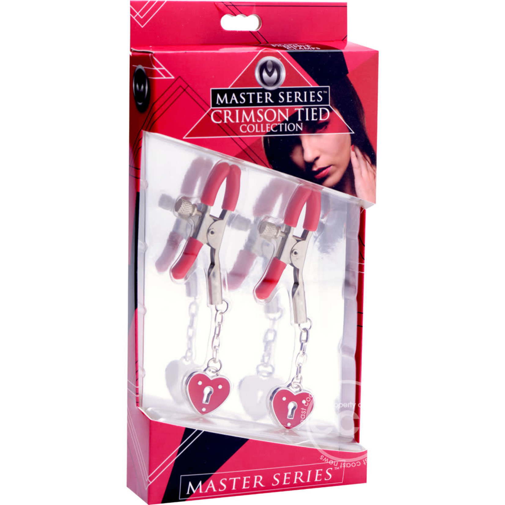 Master Series - Crimson Tied Charmed Heart Padlock Nipple Clamps - Red