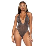 Leg Avenue Shimmer Sheer Lurex Rhinestone Bodysuit with Thong Back and Convertible Wrap-Around Straps - O/S - Black/Silver