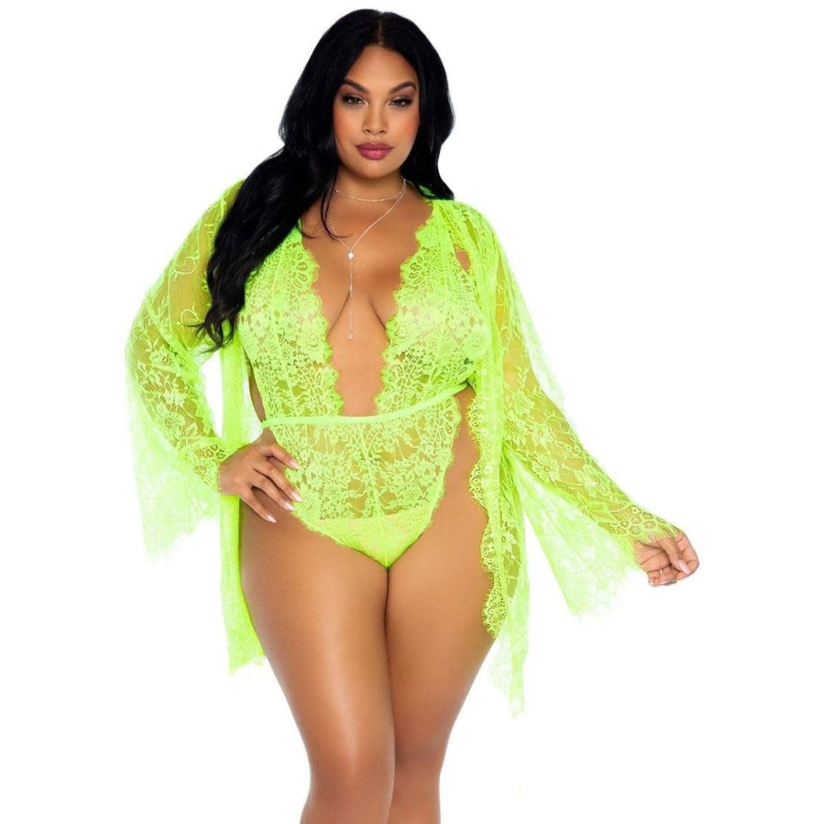 Leg Avenue Floral Lace Teddy With Adjustable Straps And Cheeky Thong Back, Matching Lace Robe With Scalloped Trim And Satin Tie (3 Piece) - 1X-2X - Lime