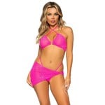 Leg Avenue Rhinestone Mesh Bra Top with Ring Accent, G-String Panty and Matching Sarong (3 pieces) - Medium - Neon Pink