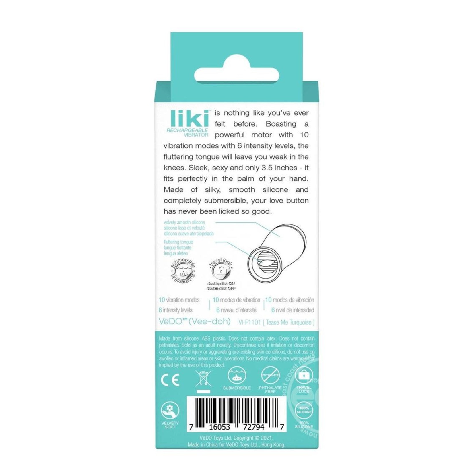 VeDO Liki Rechargeable Silicone Flicker Vibrator - Tease Me Turquoise