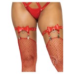 Vegan Leather Thigh High Bow Garter with Adjustable Straps and Heart Ring Accent - O/S - Red