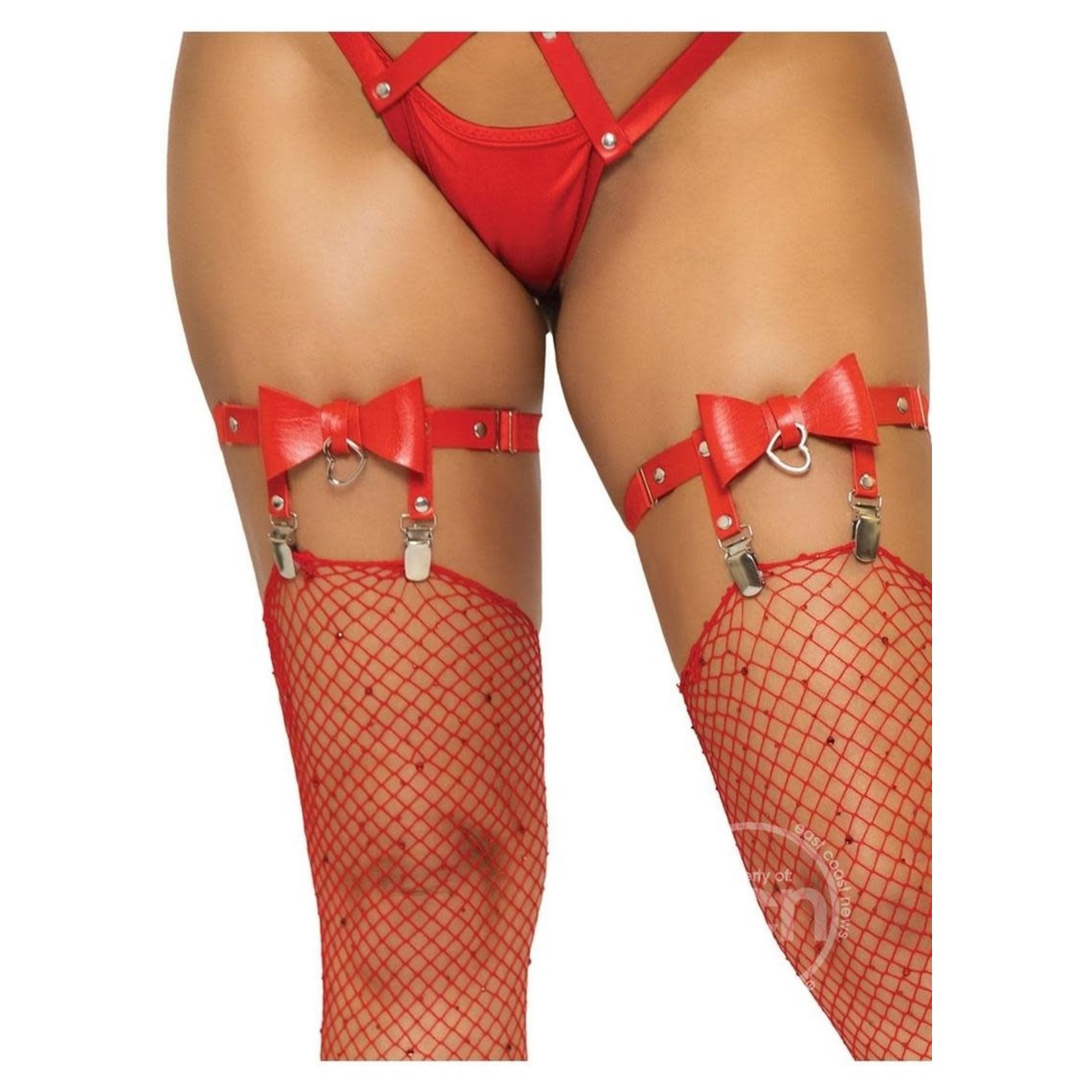 Vegan Leather Thigh High Bow Garter with Adjustable Straps and Heart Ring Accent - O/S - Red