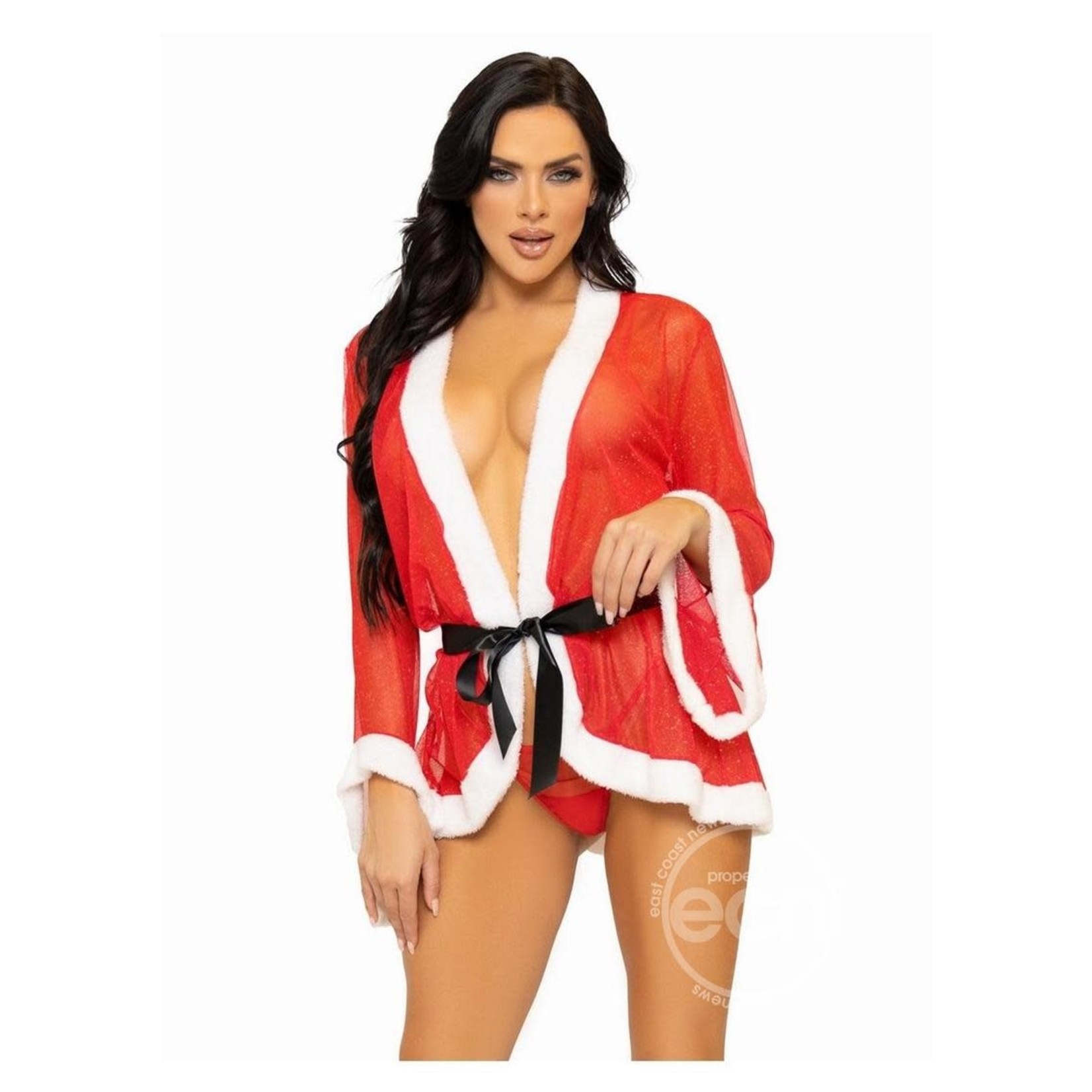 Leg Avenue Santa Mesh Robe with Plush Trim, Ribbon Tie, and G-String (3 Piece) - S/M - Red/White