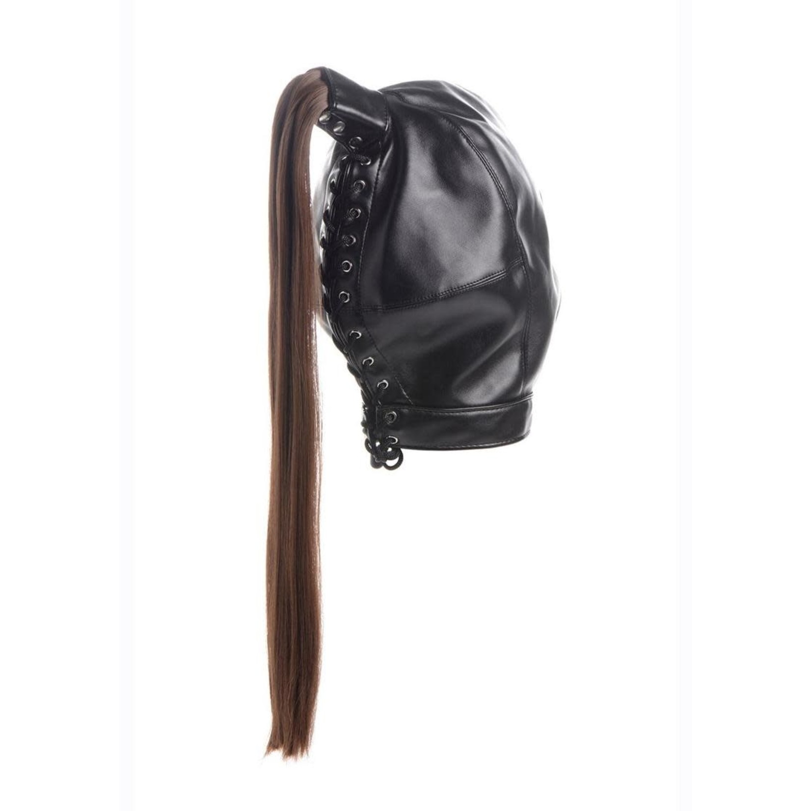 Strict Brunette Ponytail Bondage Hood - Black
