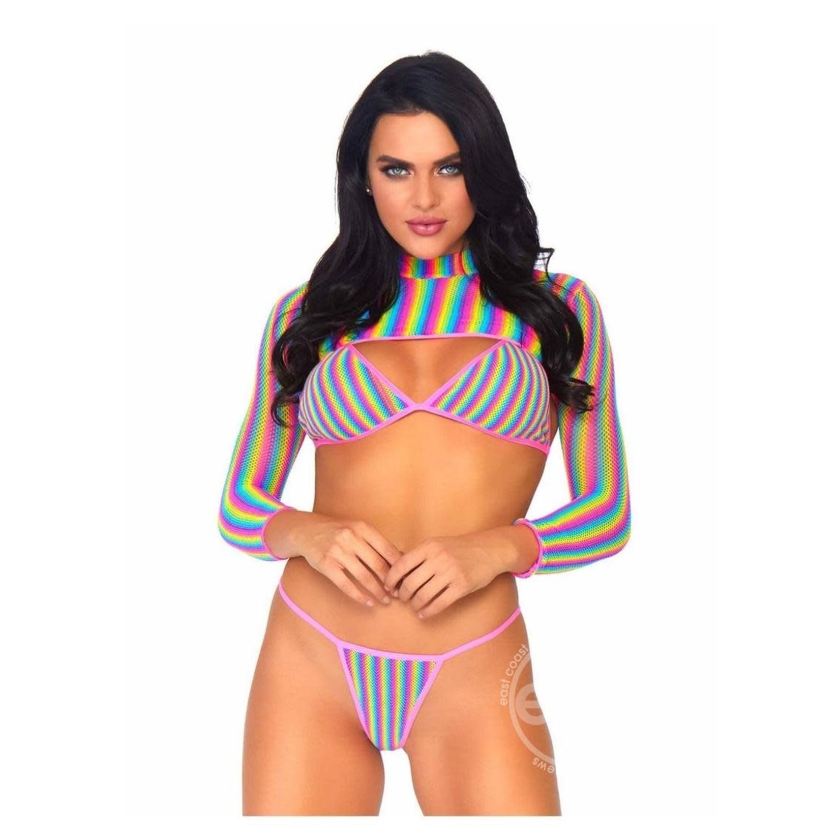 Leg Avenue Rainbow Fishnet Bikini Top, G-String, and Long Sleeved Crop Top (3 Piece) - O/S - Multicolor