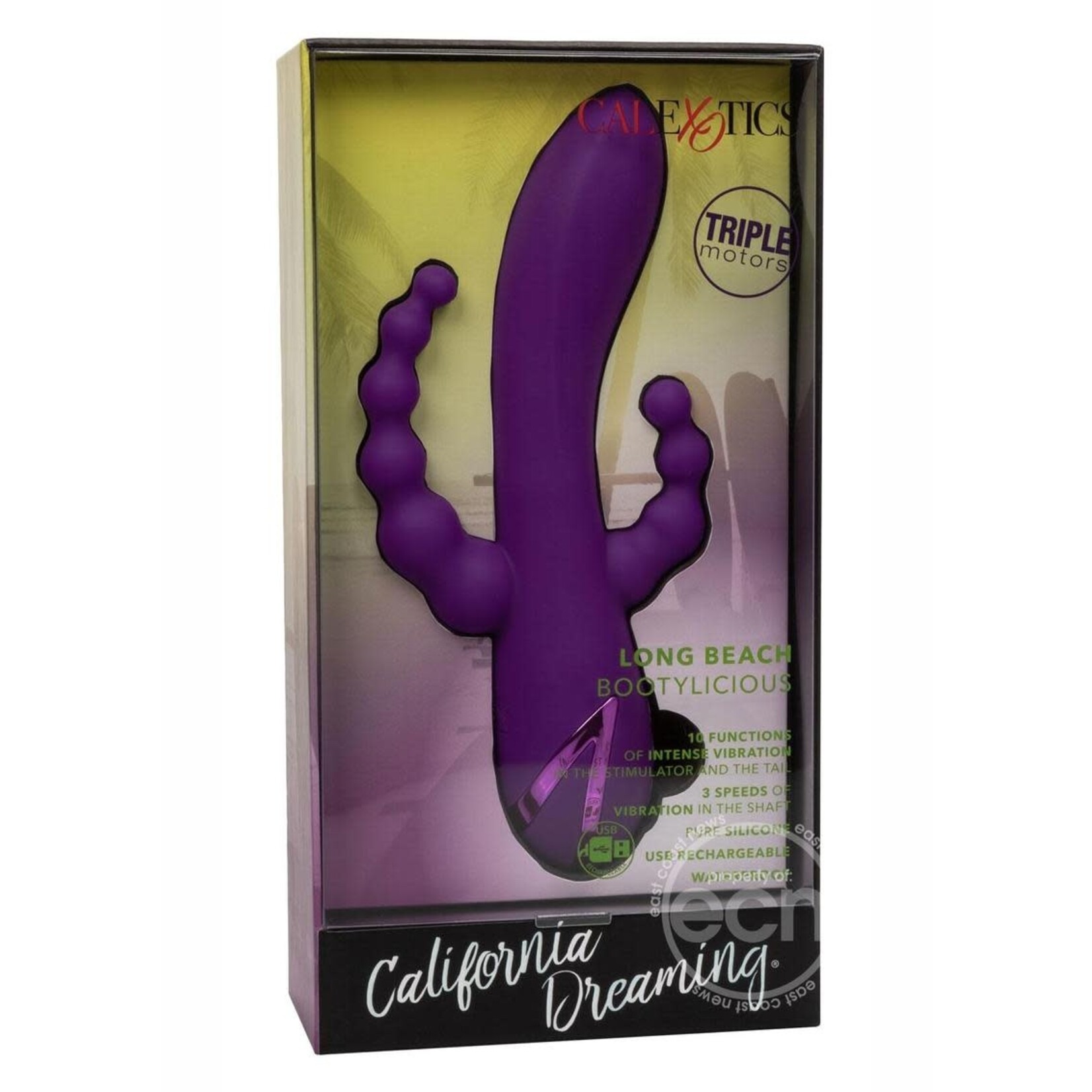 California Dreaming Long Beach Bootylicious Rechargeable Silicone Dual Penetrating Rabbit Vibrator - Purple