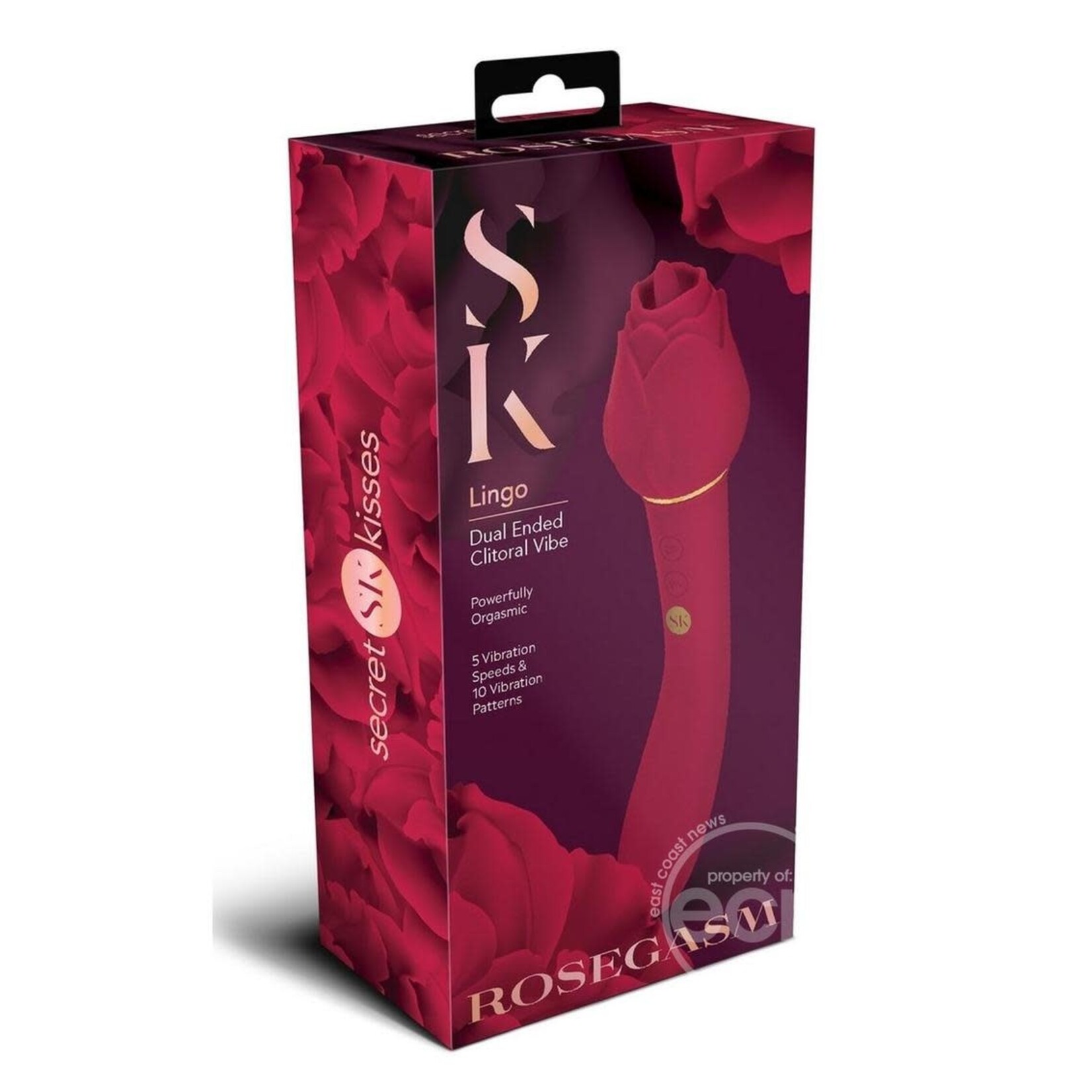 Secret Kisses Rosegasm Lingo Rechargeable Silicone Dual End Vibrator with Clitoral Stimulator - Red