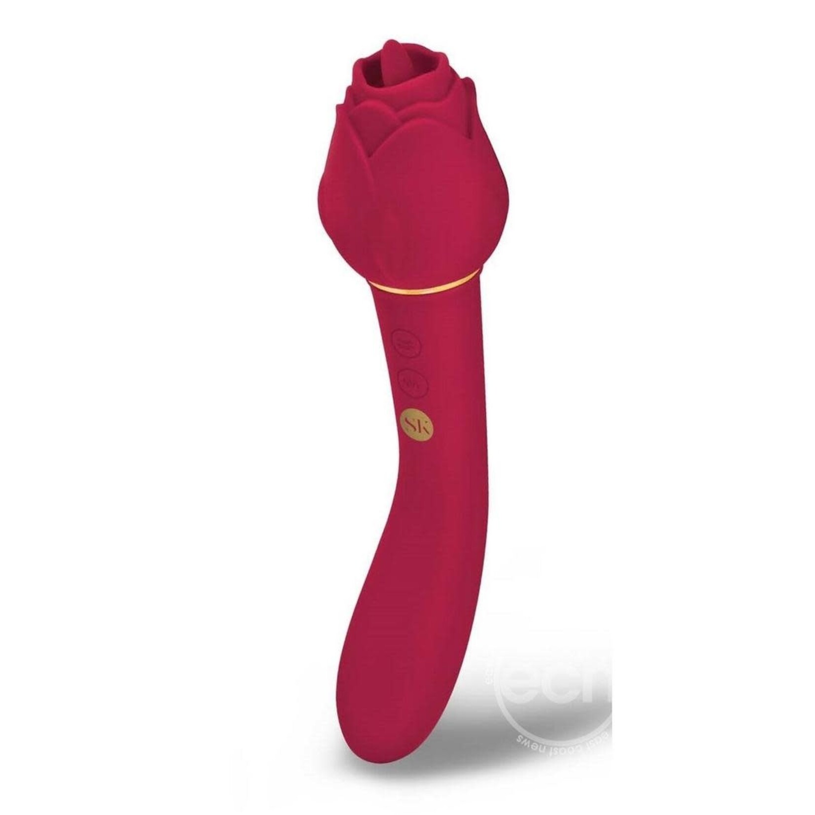 Secret Kisses Rosegasm Lingo Rechargeable Silicone Dual End Vibrator with Clitoral Stimulator - Red