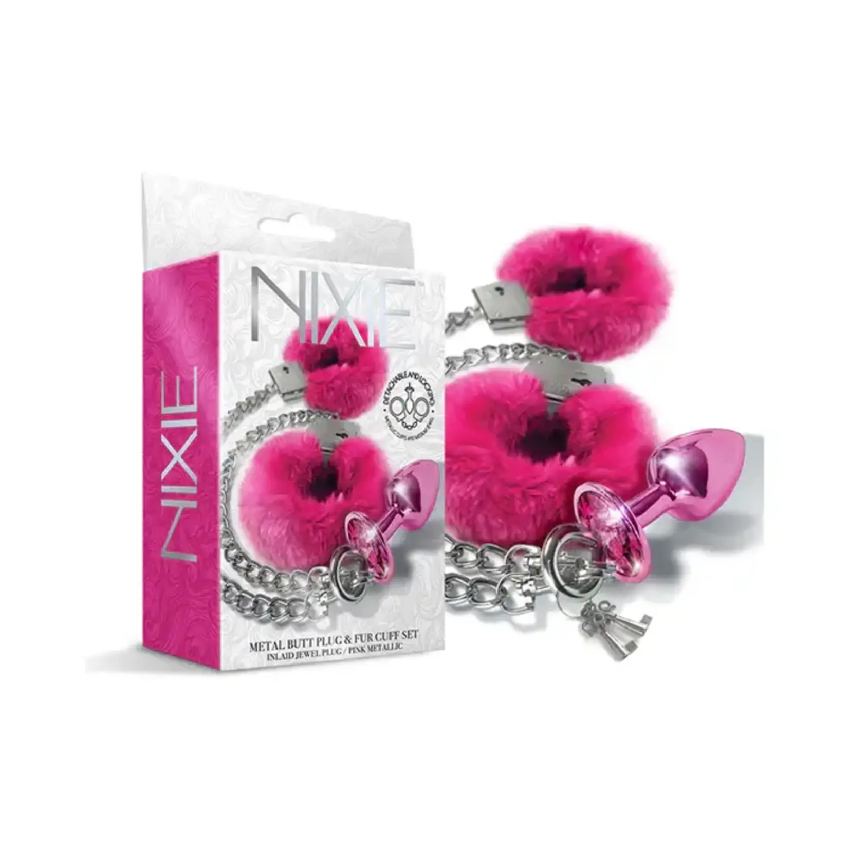 Nixie Nixie Metal Butt Plug w/Inlaid Jewel & Fur Cuff Set - Pink Metallic