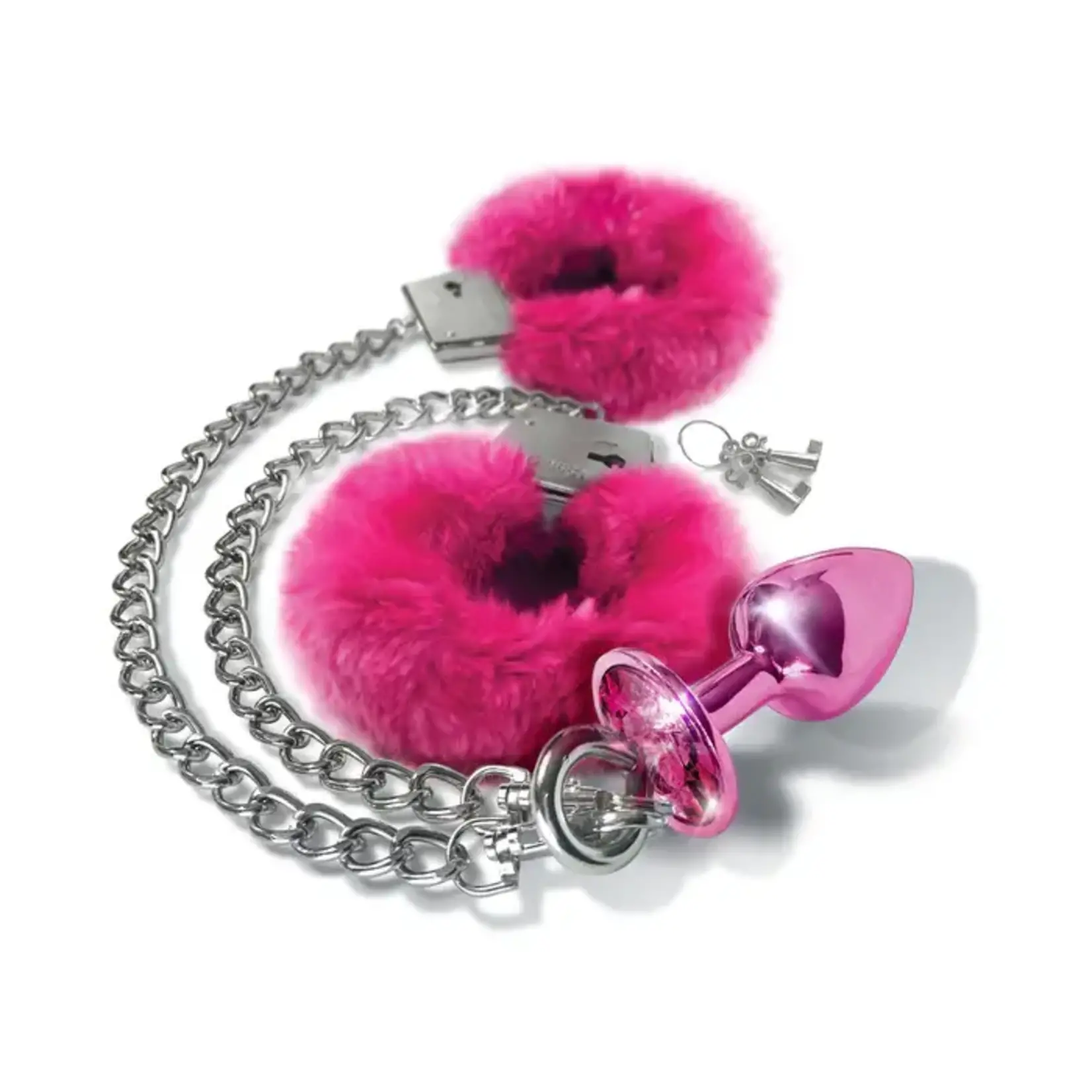 Nixie Nixie Metal Butt Plug w/Inlaid Jewel & Fur Cuff Set - Pink Metallic
