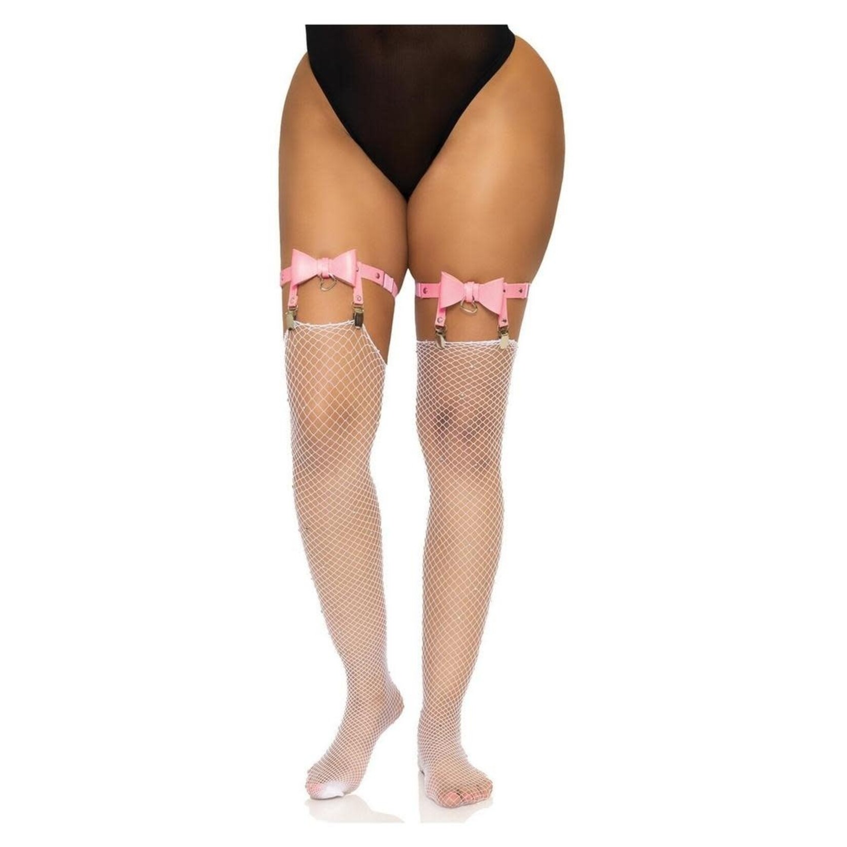 Vegan Leather Thigh High Bow Garter with Adjustable Straps and Heart Ring Accent - O/S - Pink
