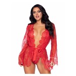 Leg Avenue Floral Lace Teddy with Adjustable Straps and Cheeky Thong Back Matching Lace Robe with Scalloped Trim and Satin Tie - Small - Red