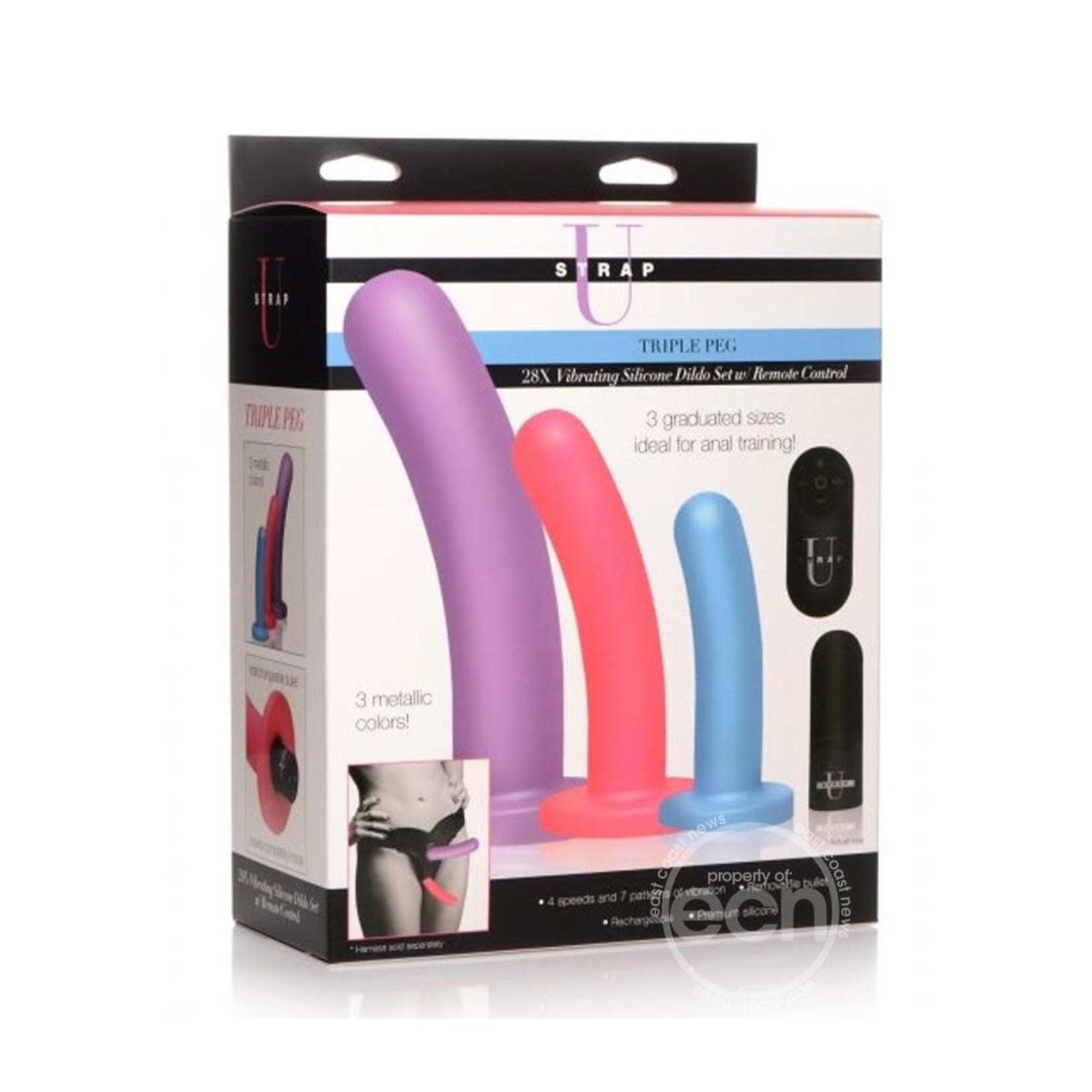Strap U Triple Peg 28X Vibrating Rechargeable Silicone Dildo Set with Remote Control (5 piece) - Assorted Colors
