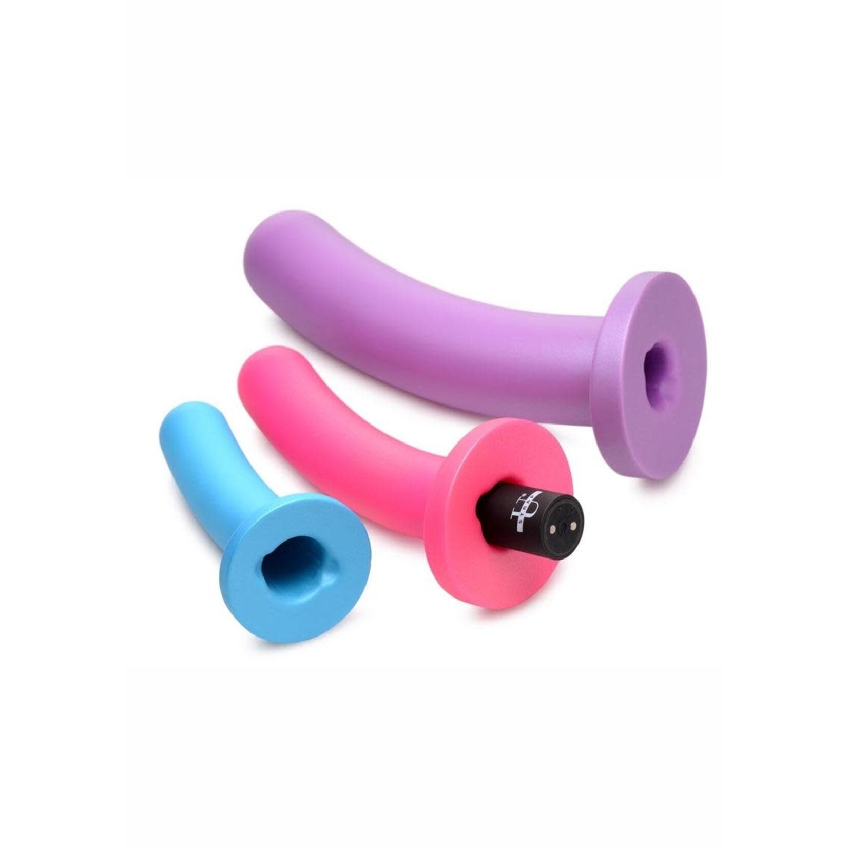 Strap U Triple Peg 28X Vibrating Rechargeable Silicone Dildo Set with Remote Control (5 piece) - Assorted Colors