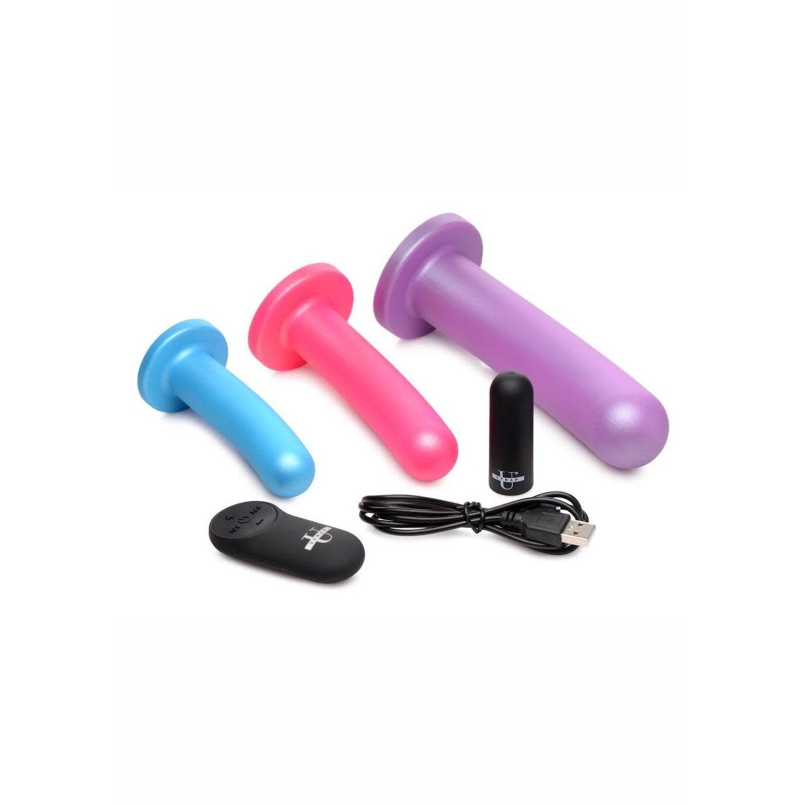 Strap U Triple Peg 28X Vibrating Rechargeable Silicone Dildo Set with Remote Control (5 piece) - Assorted Colors