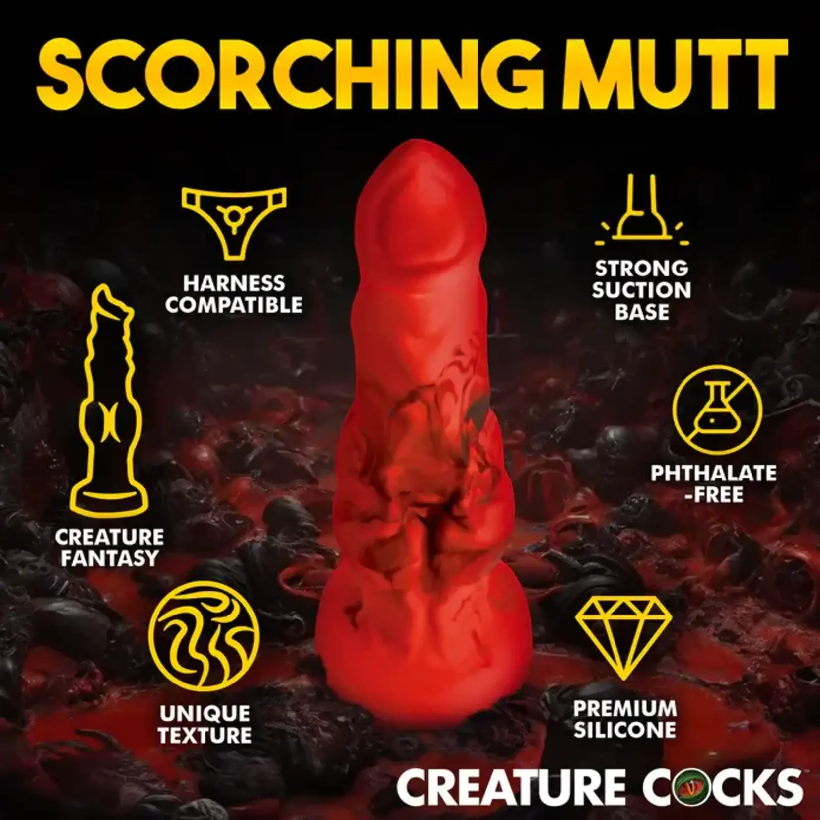 Creature Cocks Fire Hound Silicone Dildo - Medium - Red/Black