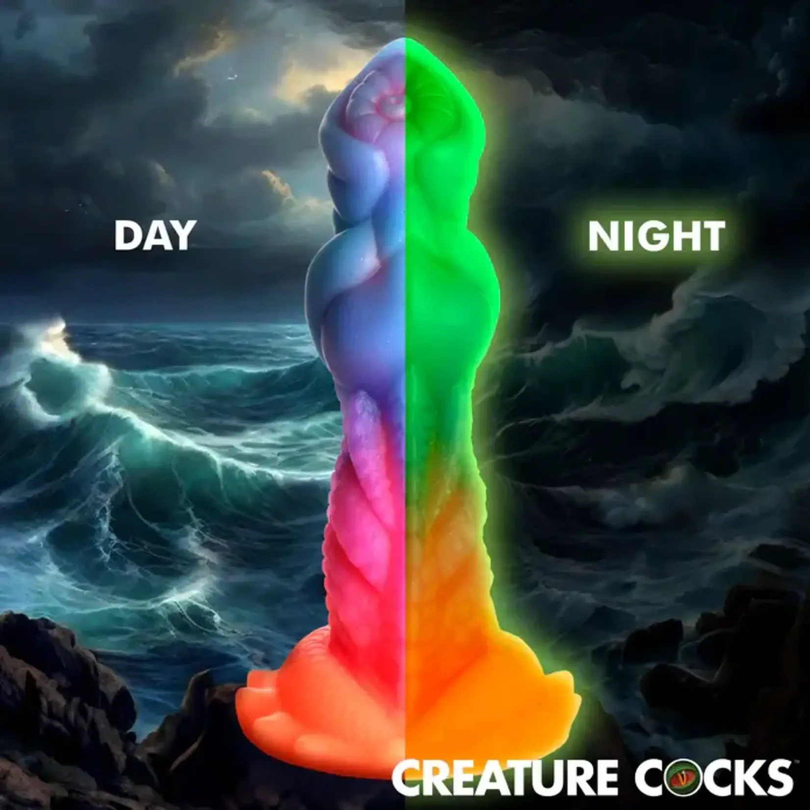 Creature Cocks Aqua-Cock Glow in the Dark Silicone Dildo - Multicolor