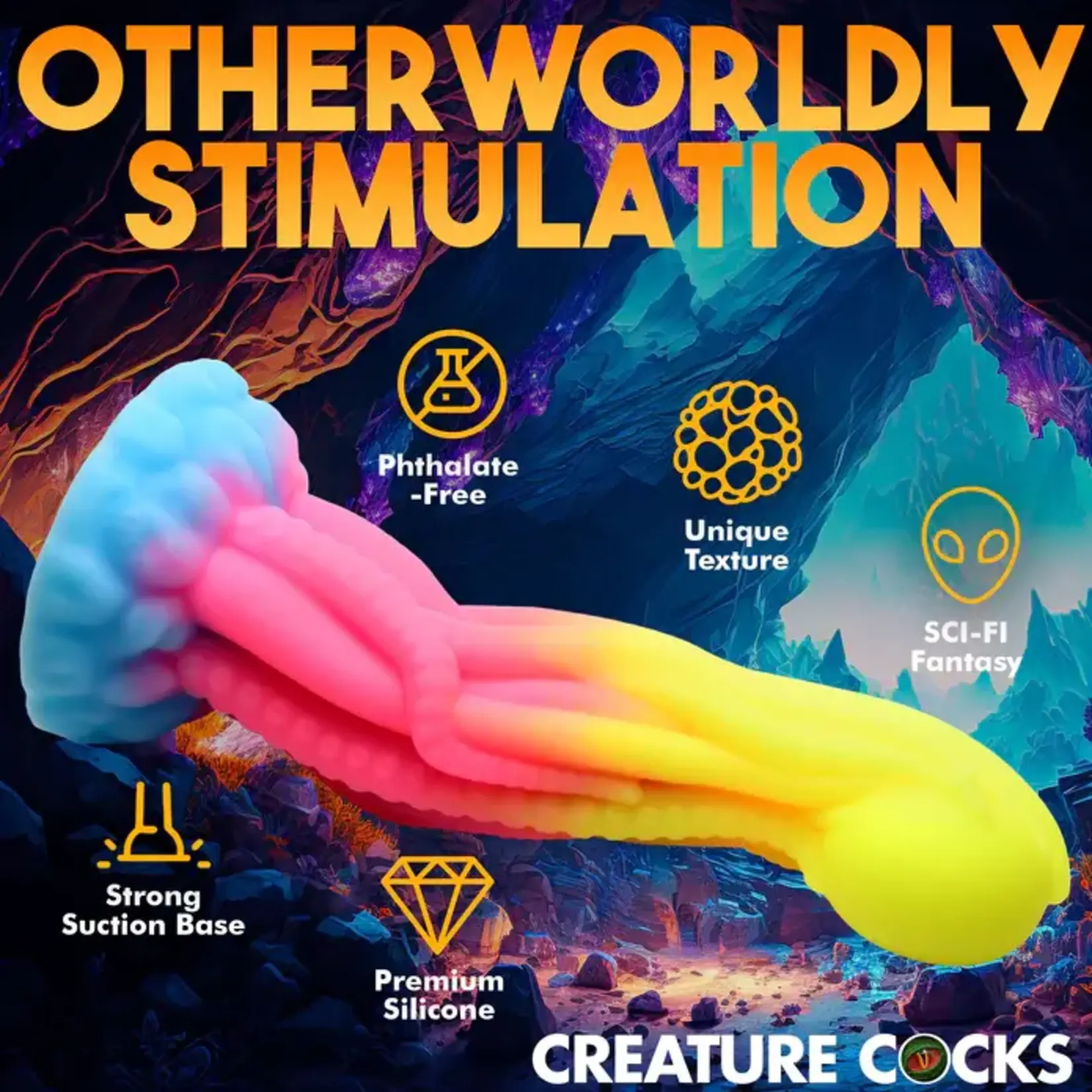 Creature Cocks Tenta-Glow Glow-in-The-Dark Silicone Dildo - Blue/Pink/Yellow