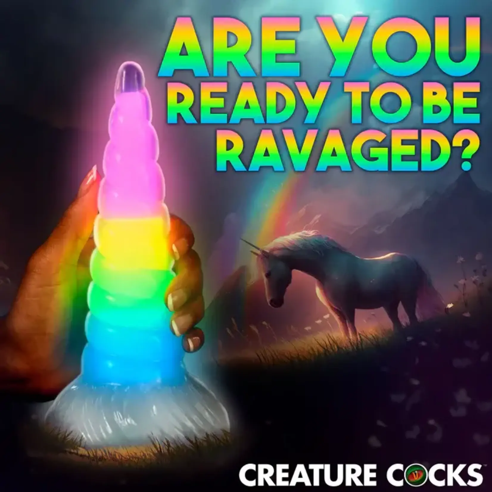 Creature Cocks Uni-Glow Glow-in-the-Dark Silicone Dildo - Rainbow