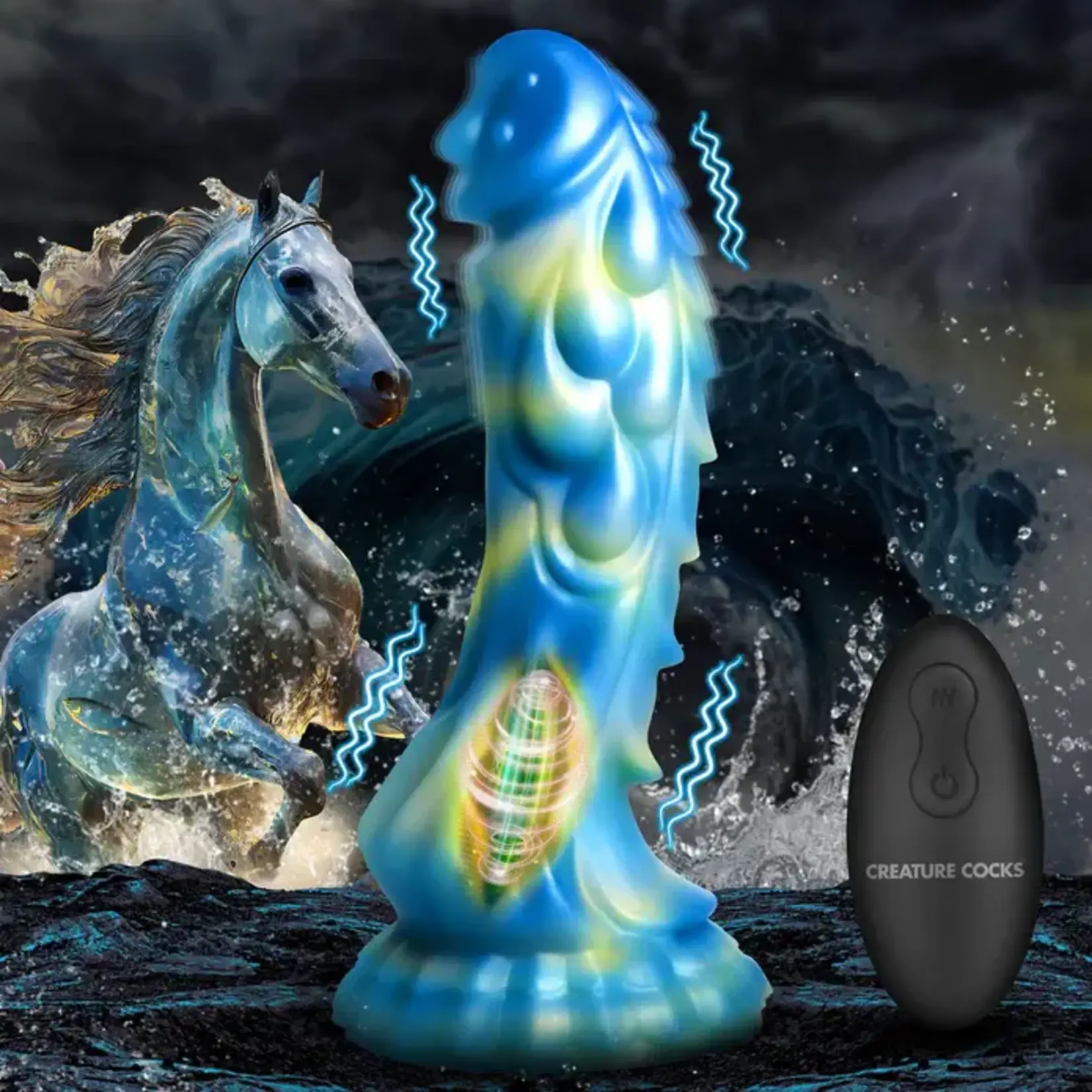 Creature Cocks Sea Stallion Silicone Rechargeable Dildo with Remote - Blue/Yellow