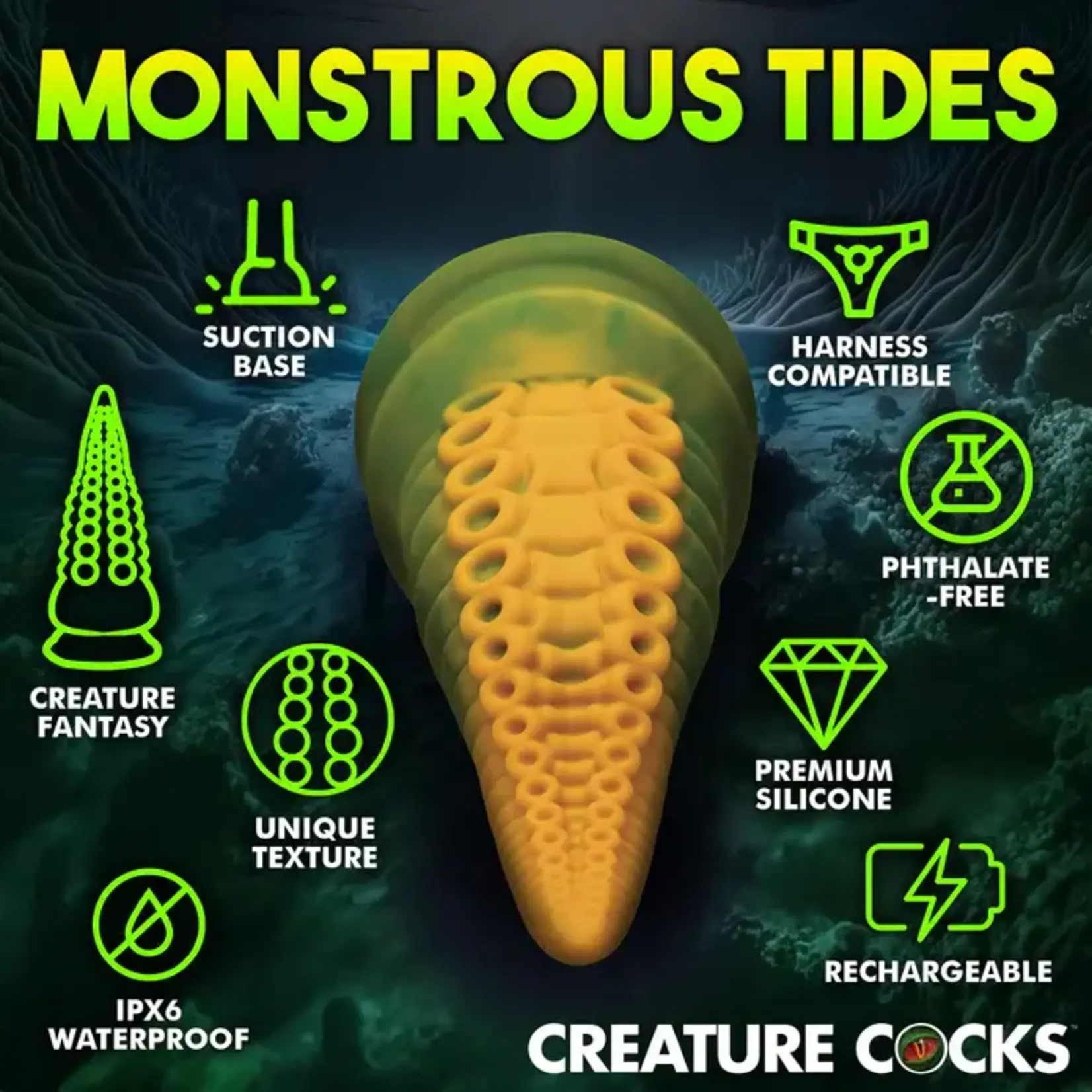Creature Cocks Monstropus 2.0 Vibrating Tentacle Rechargeable Silicone Dildo - Yellow/Green