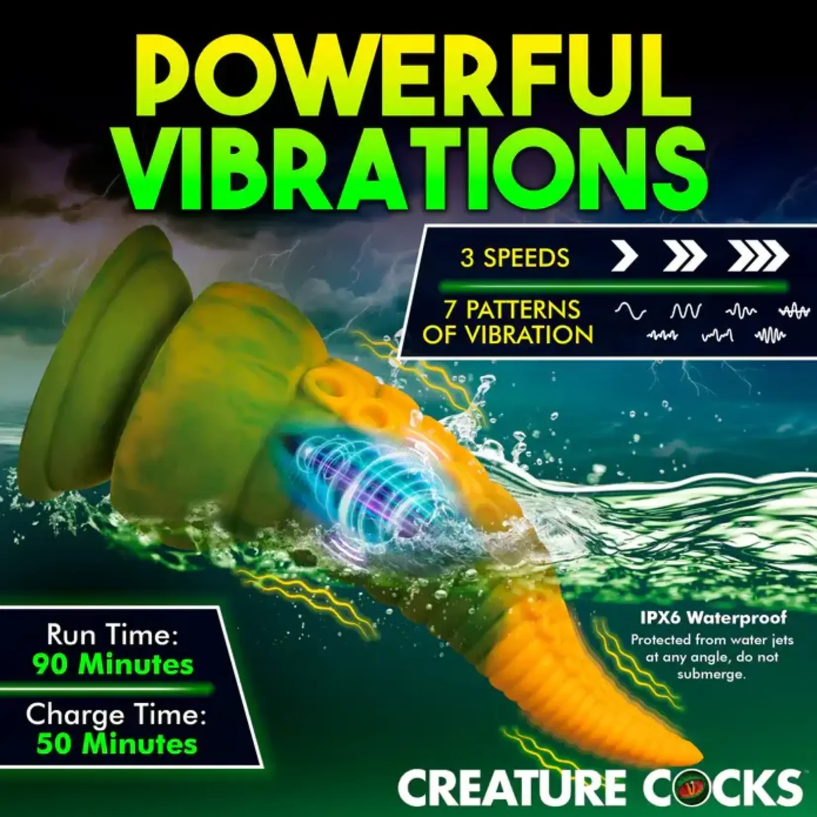 Creature Cocks Monstropus 2.0 Vibrating Tentacle Rechargeable Silicone Dildo - Yellow/Green