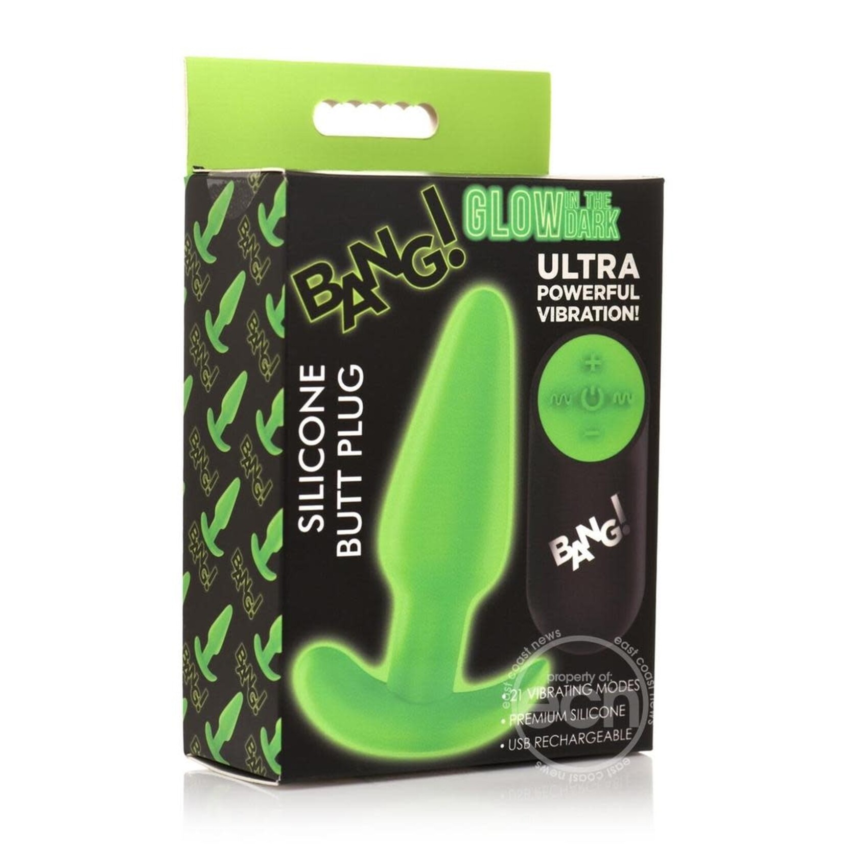 Bang! 21X Glow in The Dark Rechargeable Silicone Butt Plug with Remote - Green