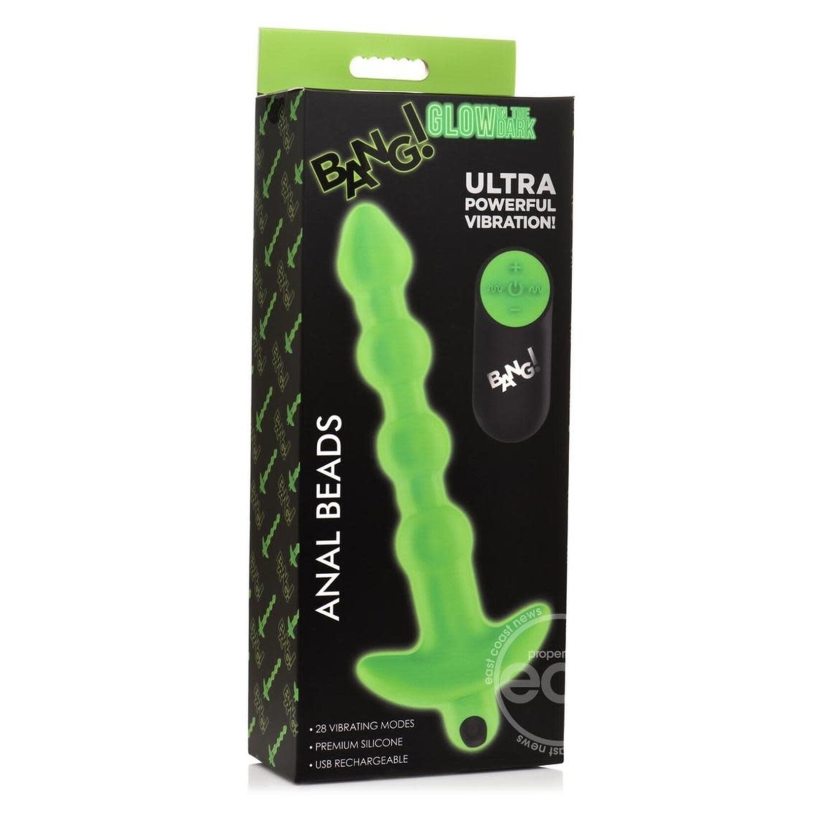 Bang! 28X Glow in the Dark Silicone Rechargeable Anal Beads with Remote - Green