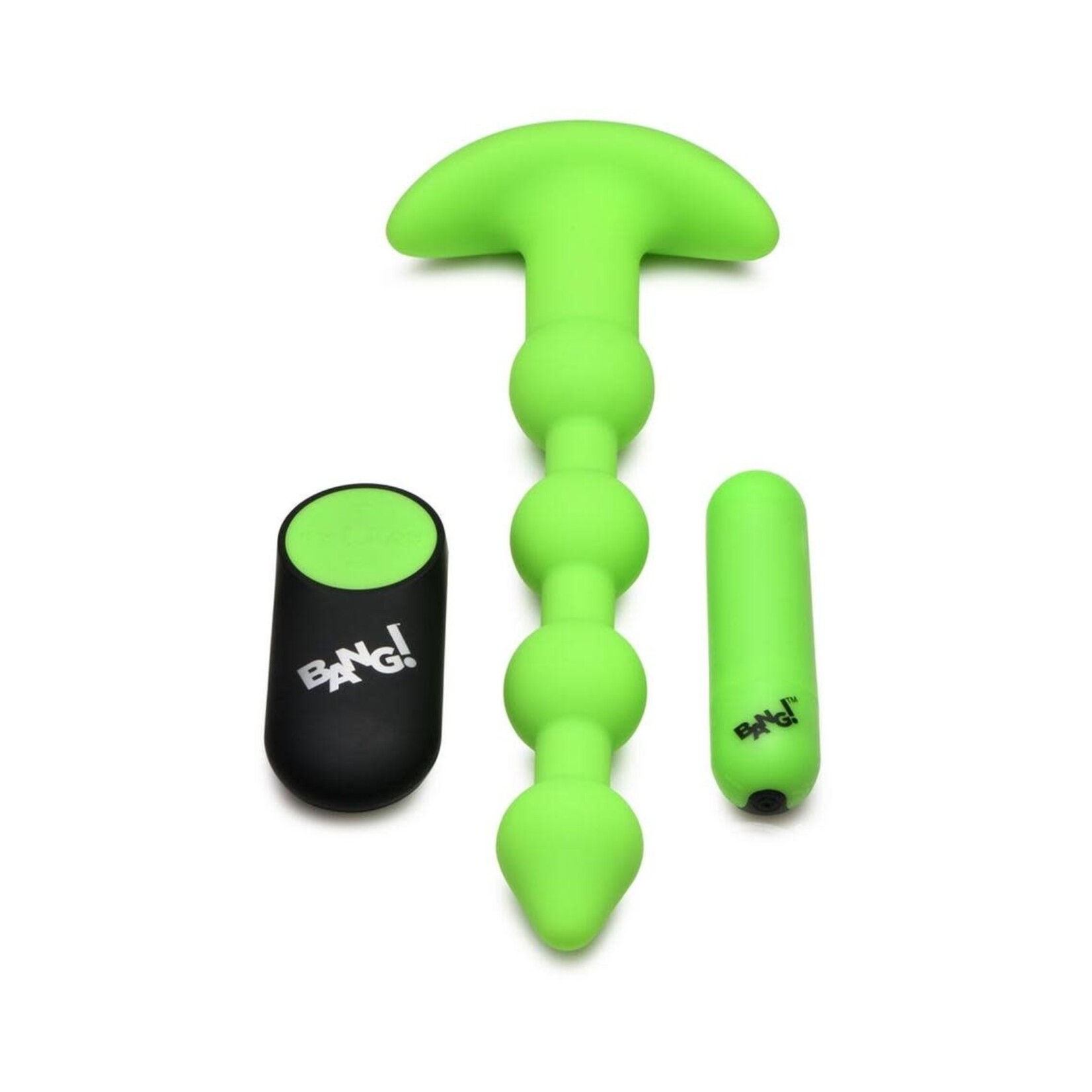 Bang! 28X Glow in the Dark Silicone Rechargeable Anal Beads with Remote - Green