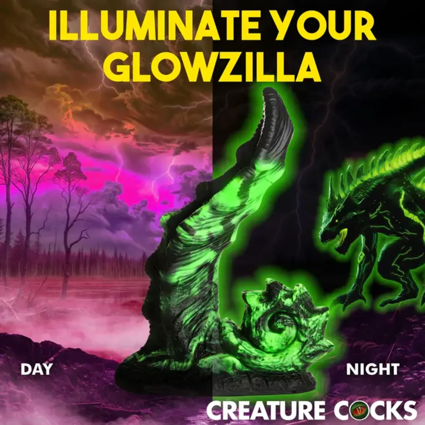 Creature Cocks Glowzilla Glow In The Dark Silicone Dildo - Green/Black