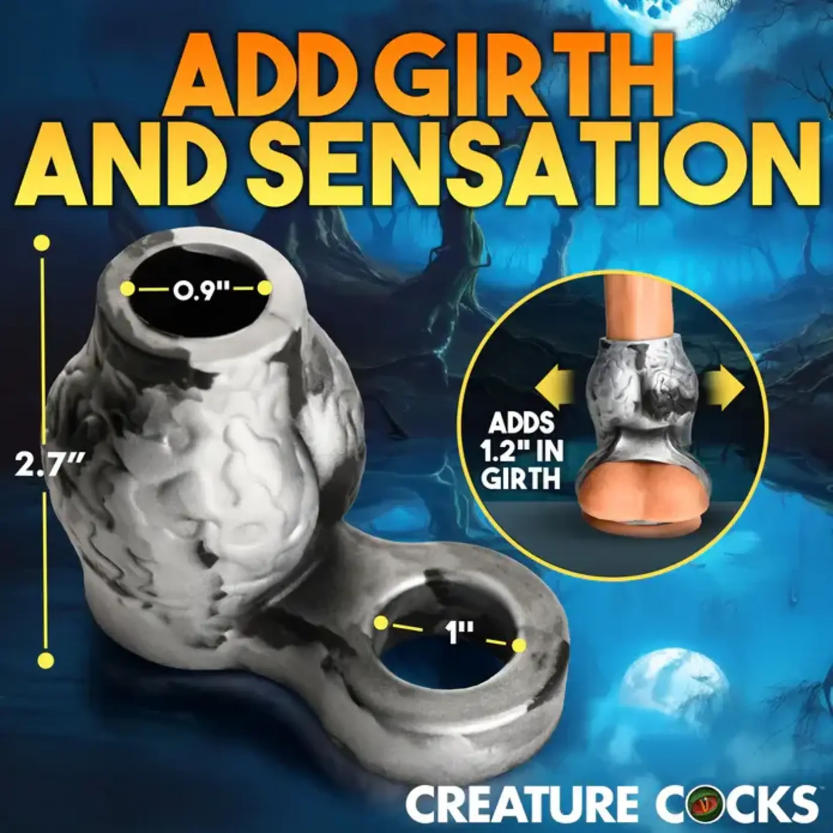 Creature Cocks Night Prowler Silicone Penis Sleeve and Ball Stretcher - Medium - Silver/Black