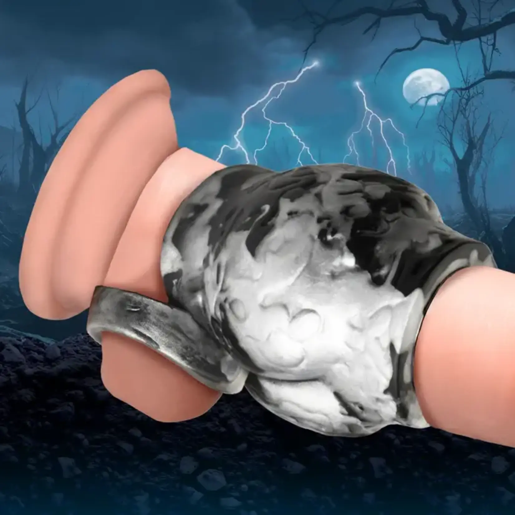 Creature Cocks Night Prowler Silicone Penis Sleeve and Ball Stretcher - Medium - Silver/Black