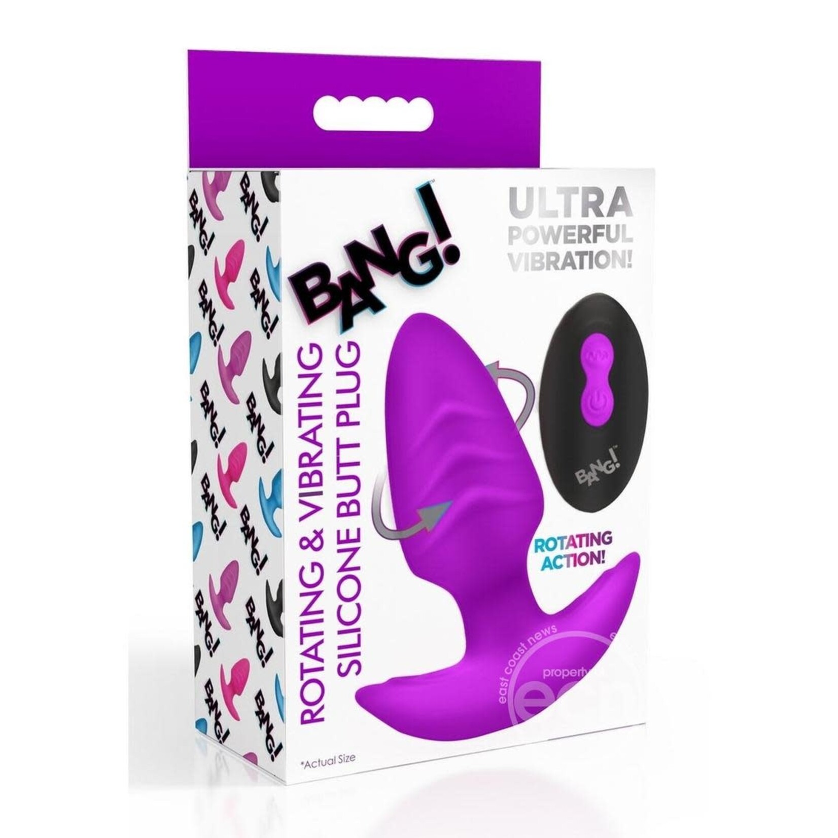 Bang! Rotating Vibrating Rechargeable Silicone Butt Plug with Remote - Purple