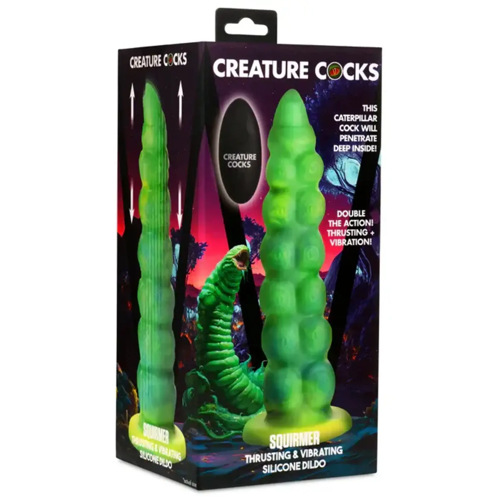 Creature Cocks Squirmer Thrusting & Vibrating Rechargeable Silicone Dildo - Green/Yellow