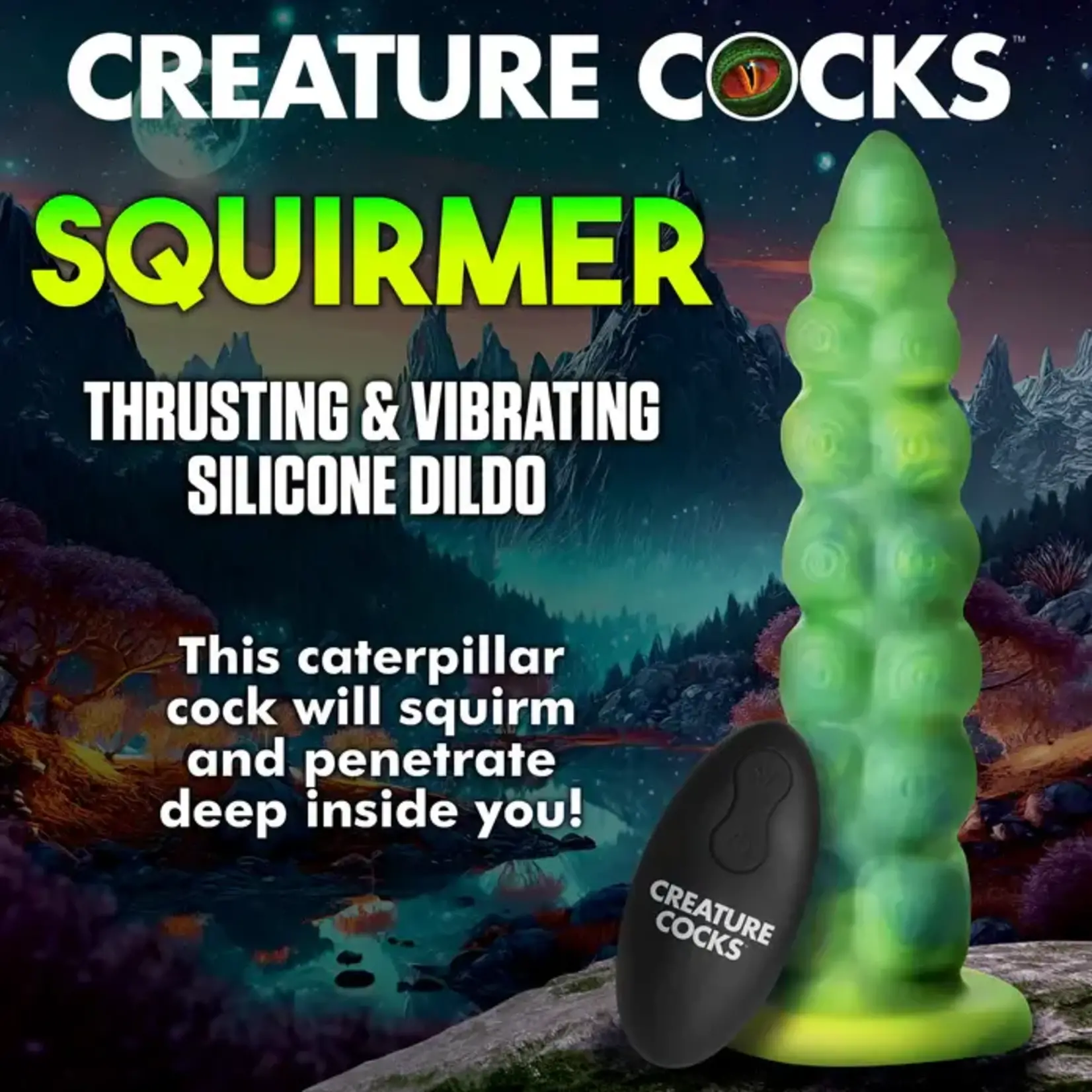Creature Cocks Squirmer Thrusting & Vibrating Rechargeable Silicone Dildo - Green/Yellow