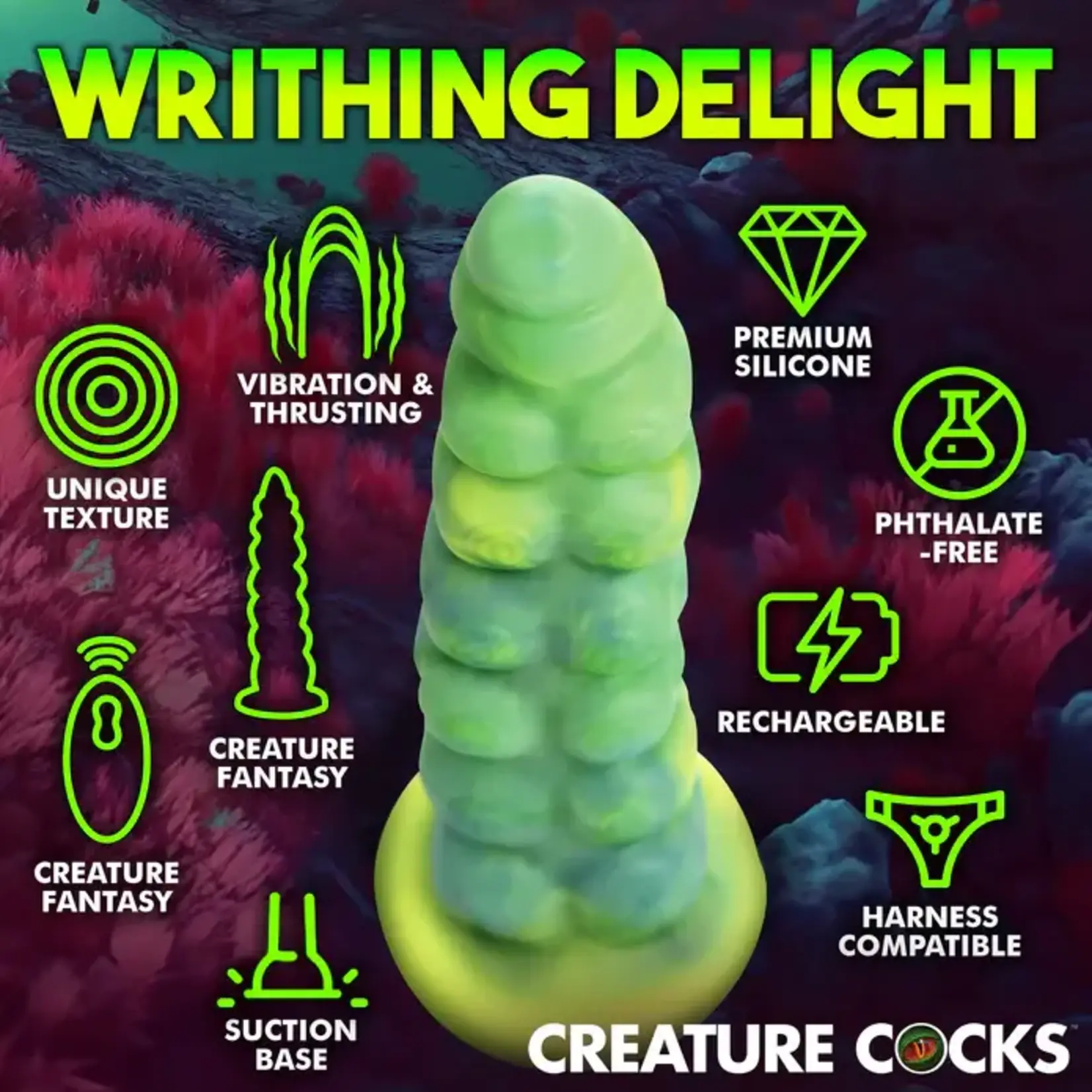 Creature Cocks Squirmer Thrusting & Vibrating Rechargeable Silicone Dildo - Green/Yellow