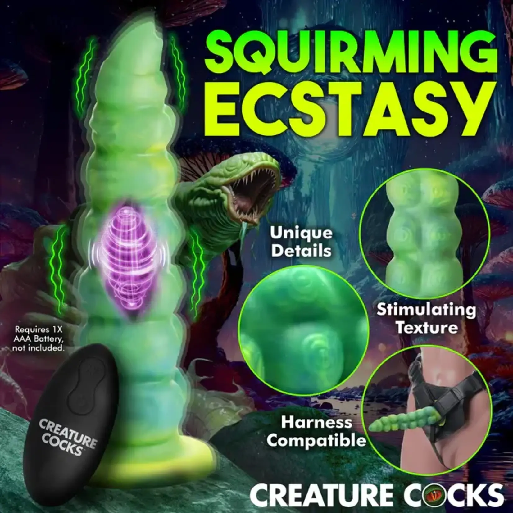 Creature Cocks Squirmer Thrusting & Vibrating Rechargeable Silicone Dildo - Green/Yellow