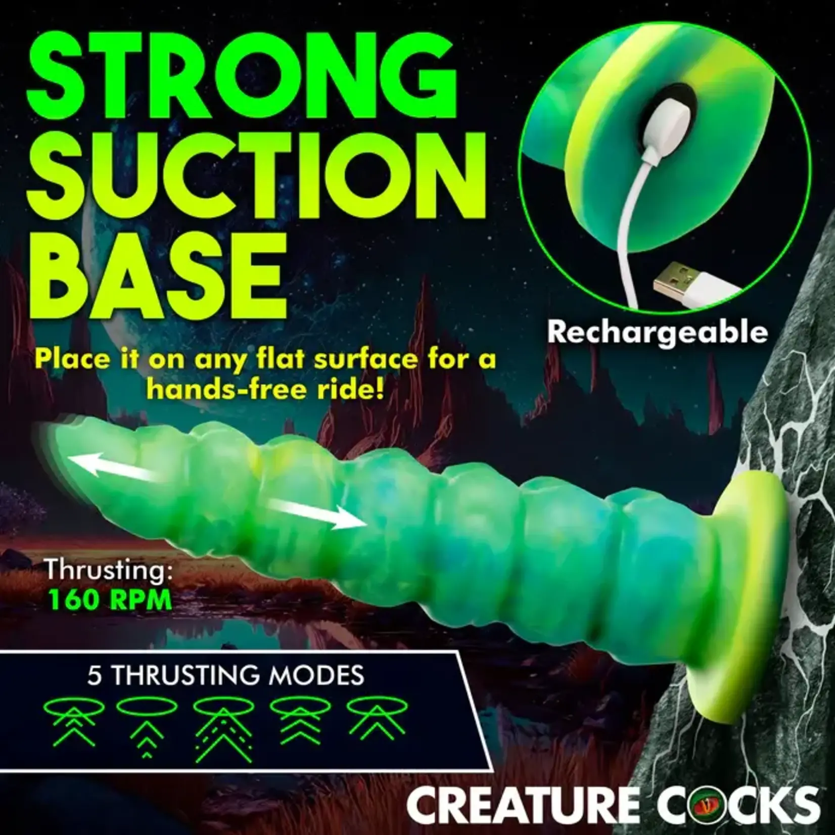Creature Cocks Squirmer Thrusting & Vibrating Rechargeable Silicone Dildo - Green/Yellow