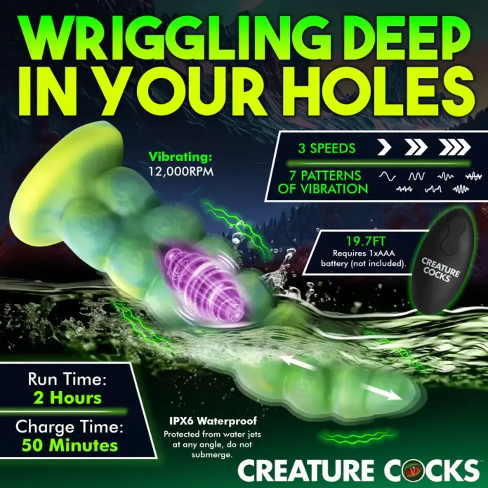Creature Cocks Squirmer Thrusting & Vibrating Rechargeable Silicone Dildo - Green/Yellow
