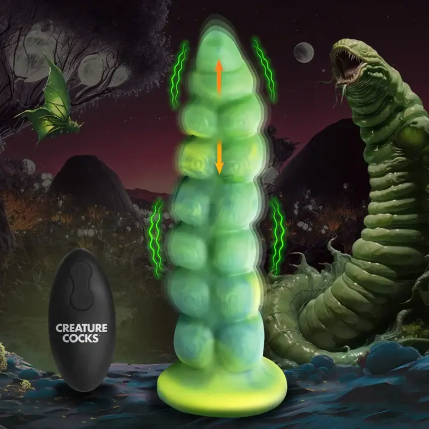 Creature Cocks Squirmer Thrusting & Vibrating Rechargeable Silicone Dildo - Green/Yellow