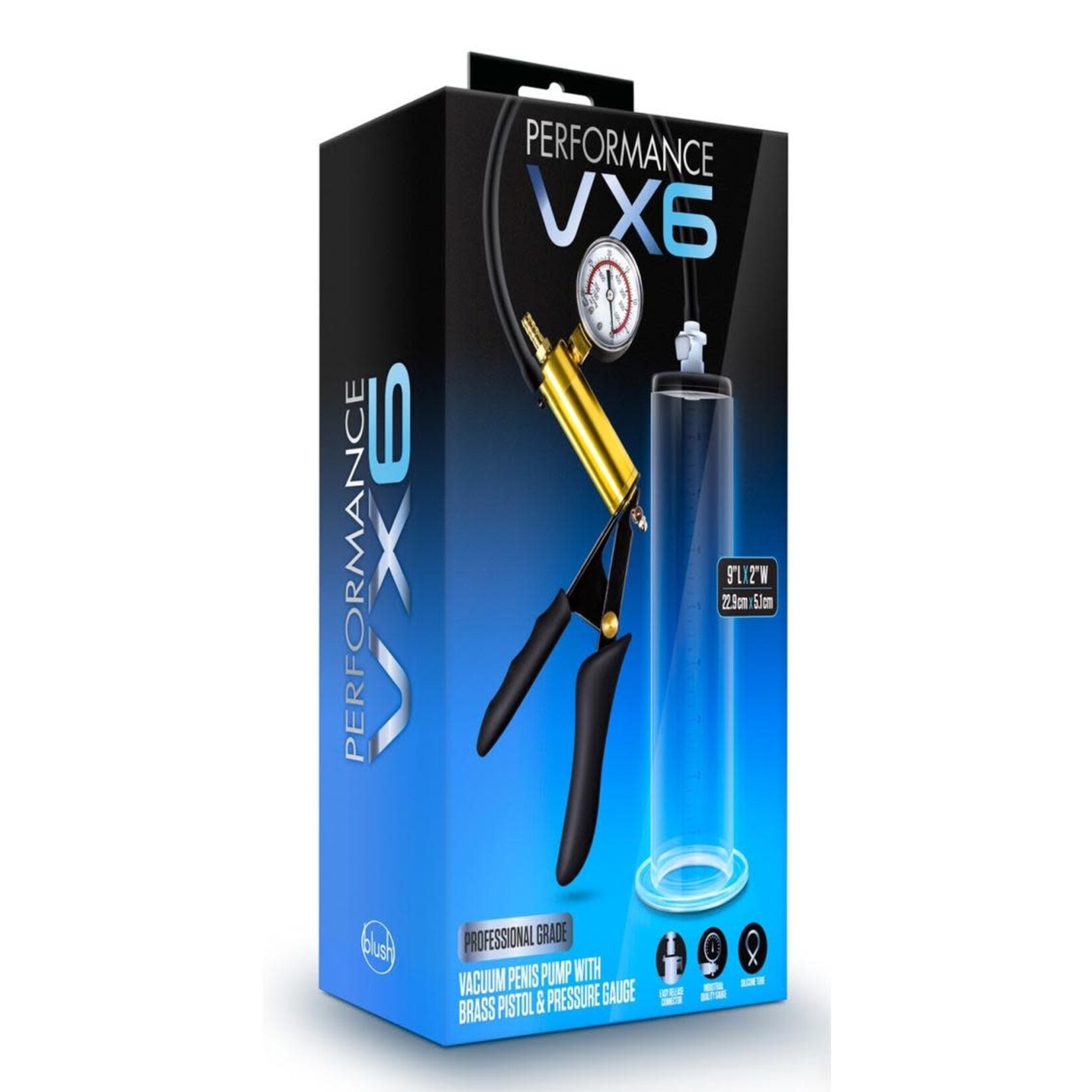 Performance VX6 Vacuum Penis Pump with Brass Pistol & Pressure Gauge 9.5in - Clear