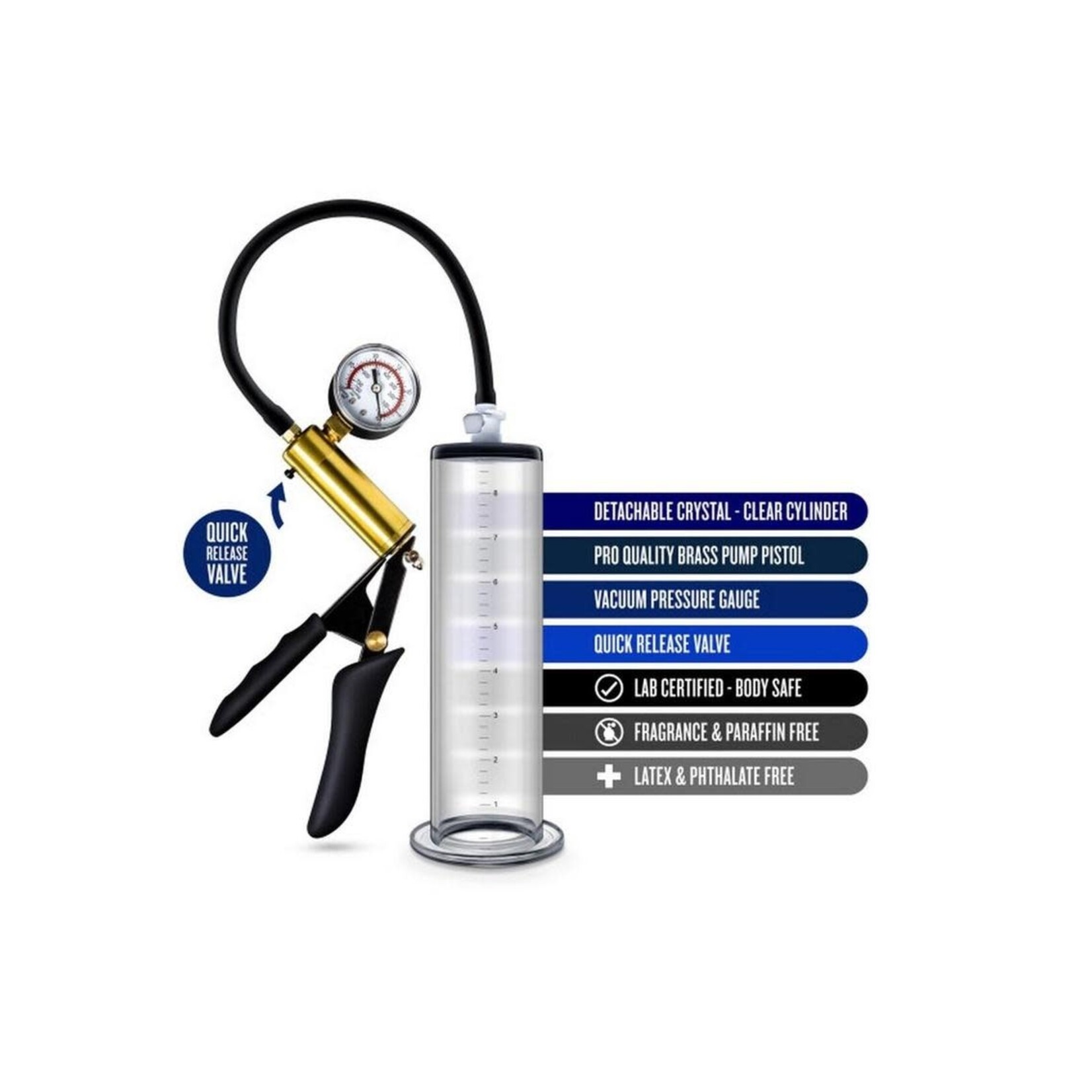 Performance VX6 Vacuum Penis Pump with Brass Pistol & Pressure Gauge 9.5in - Clear