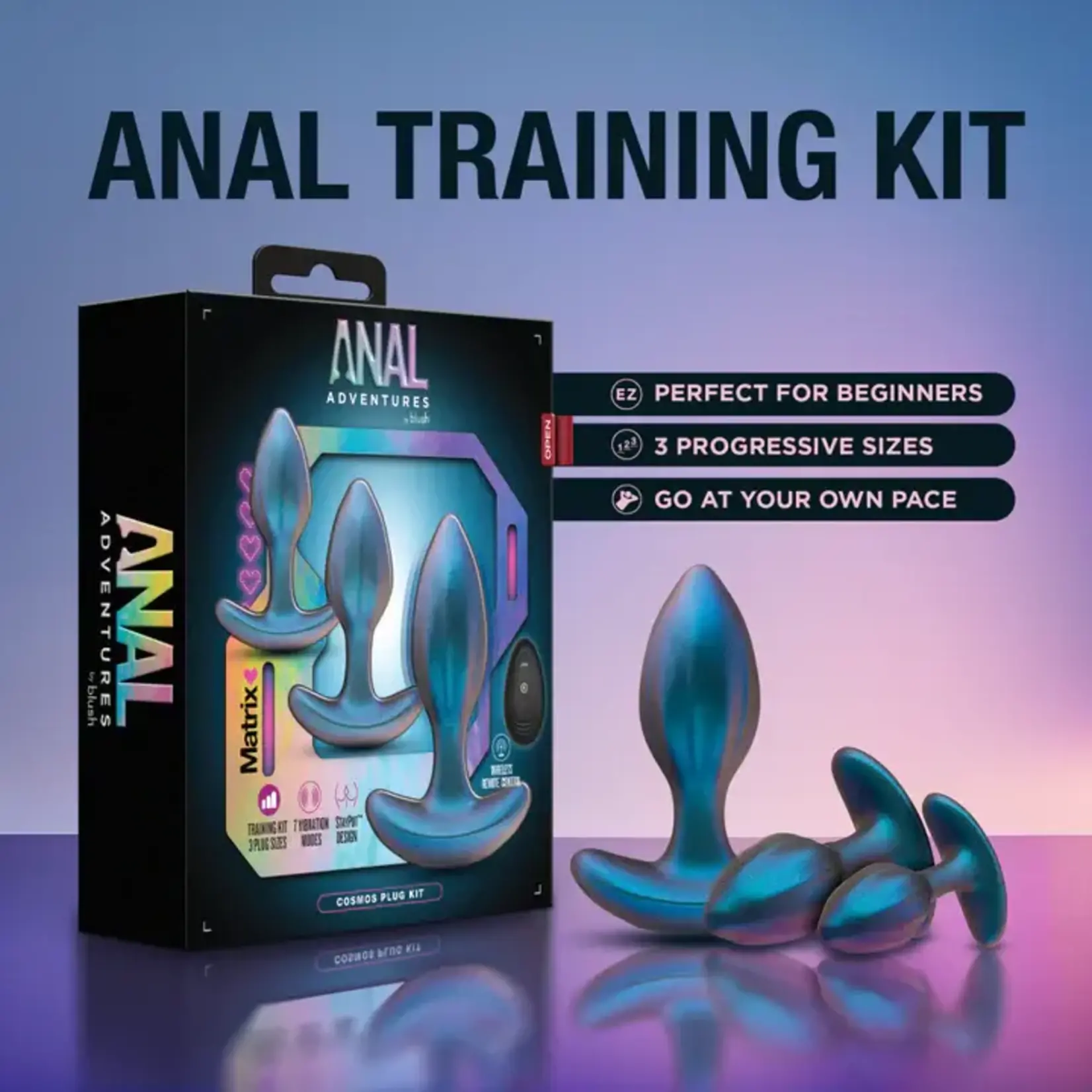 Anal Adventures Matrix Cosmos Plug Kit Silicone Anal Plug Set with Remote Control - Lunar Blue