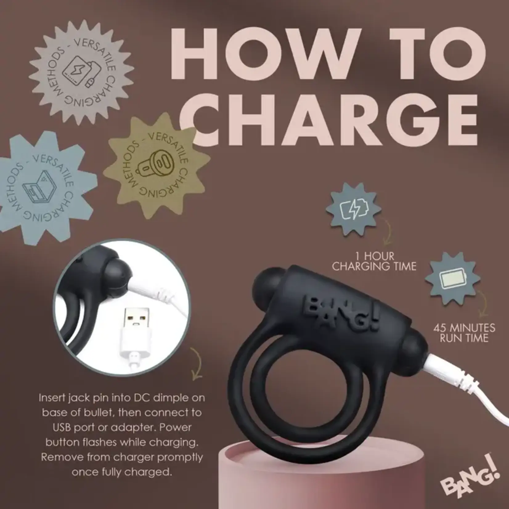 Bang! Silicone Rechargeable Cock Ring And Bullet With Remote Control - Black