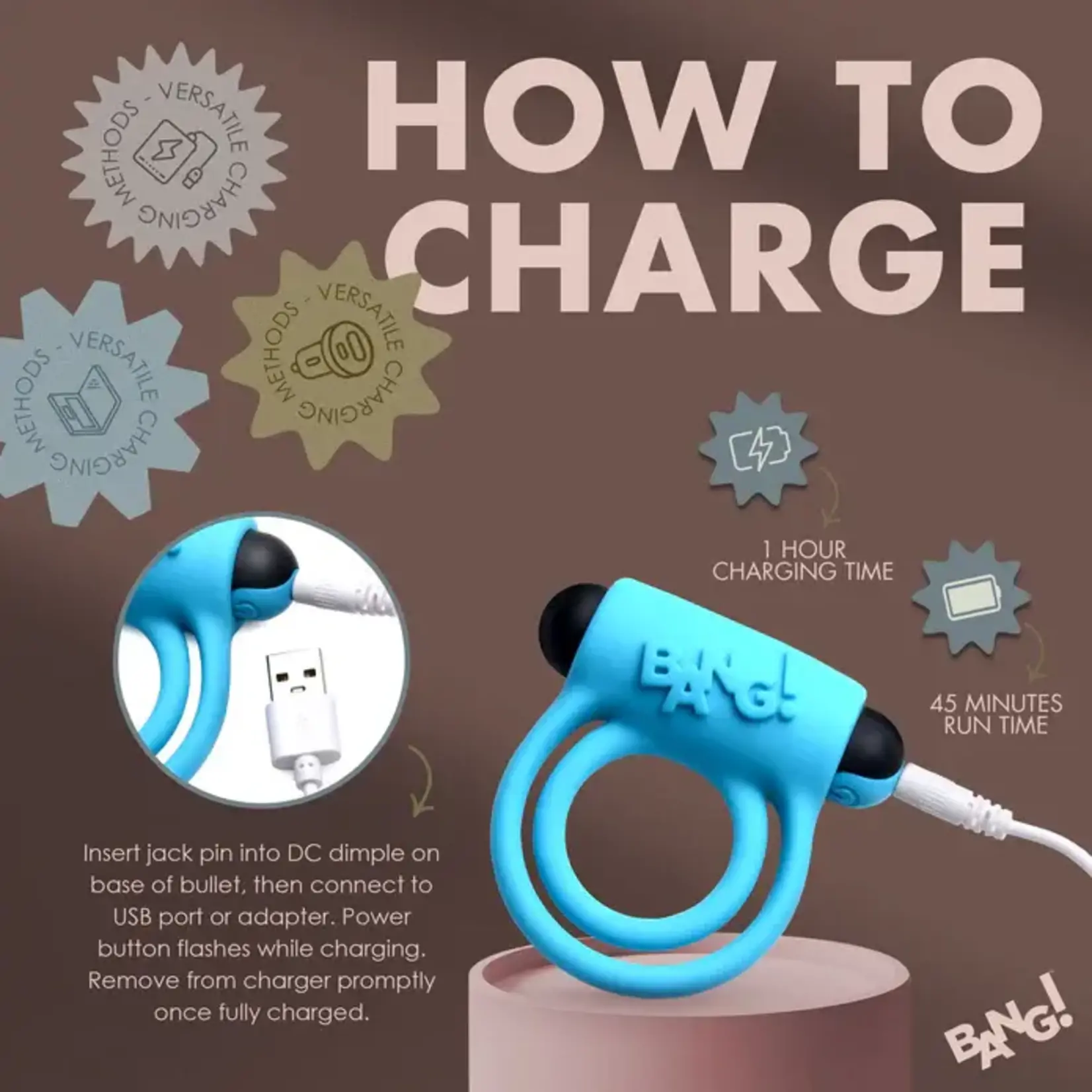 Bang! Silicone Rechargeable Cock Ring And Bullet With Remote Control - Blue
