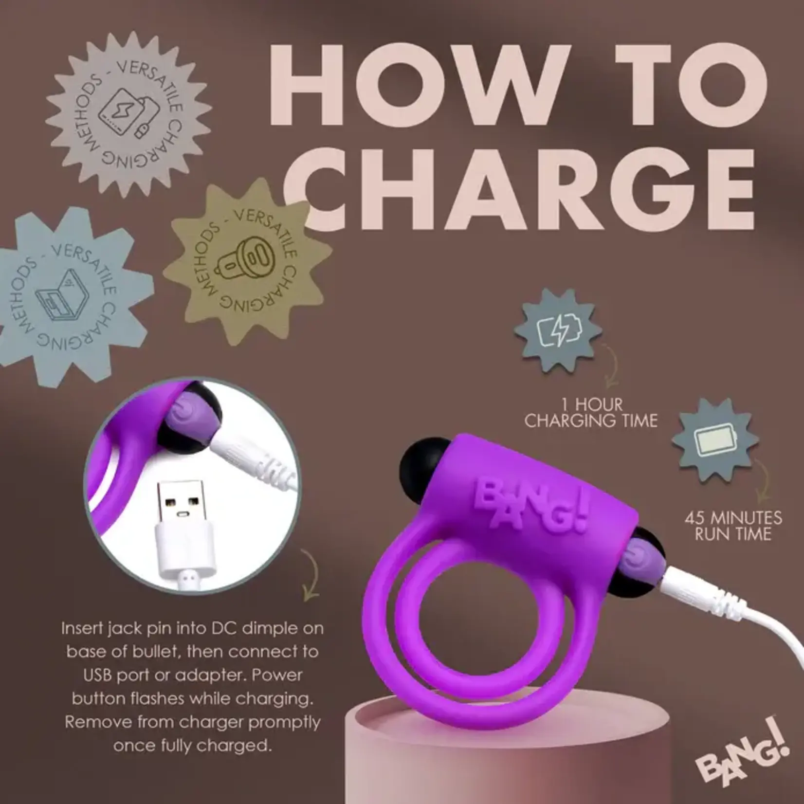 Bang! Silicone Rechargeable Cock Ring and Bullet with Remote Control - Purple