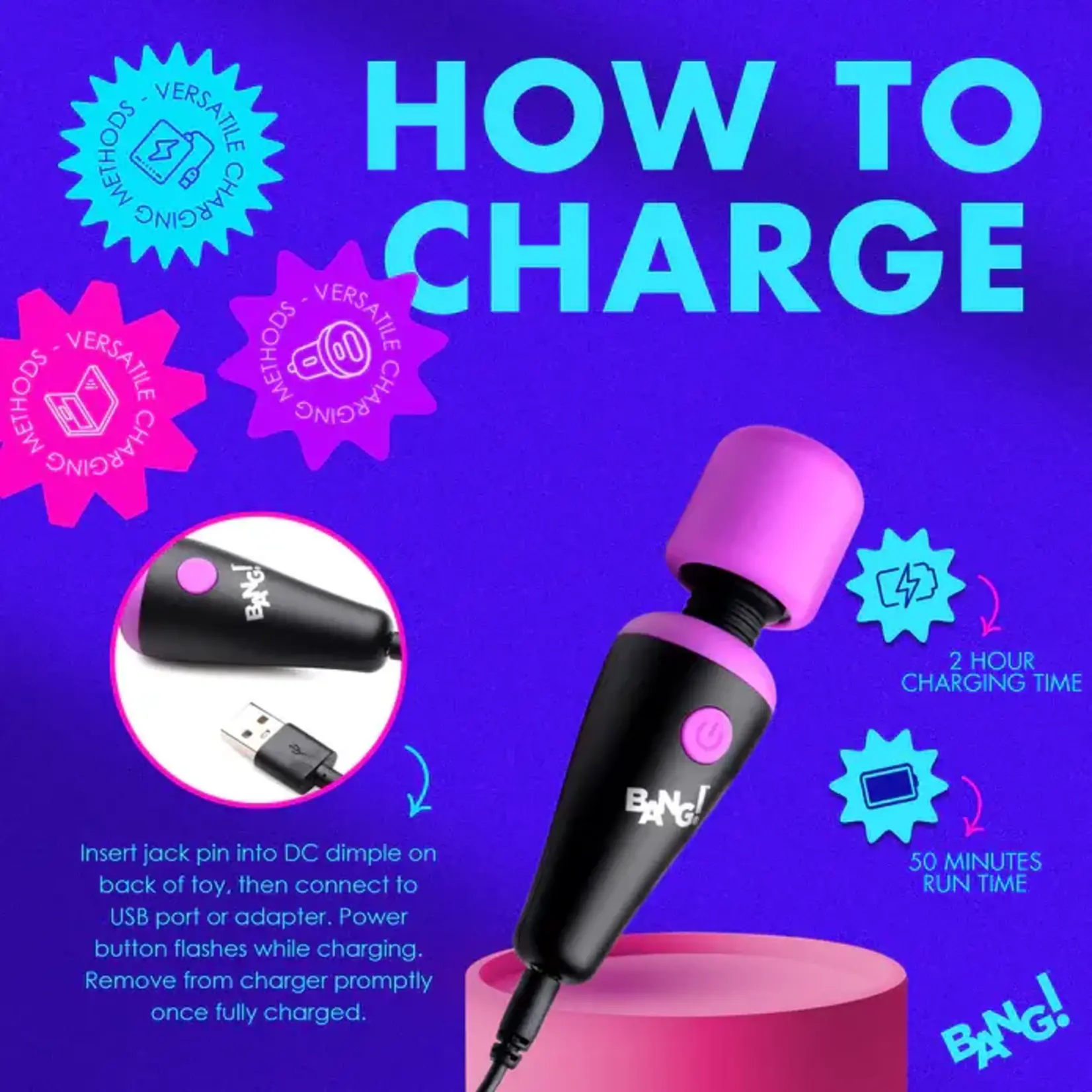 Bang! 10X Vibrating Mini Rechargeable Silicone Wand Massager- Purple